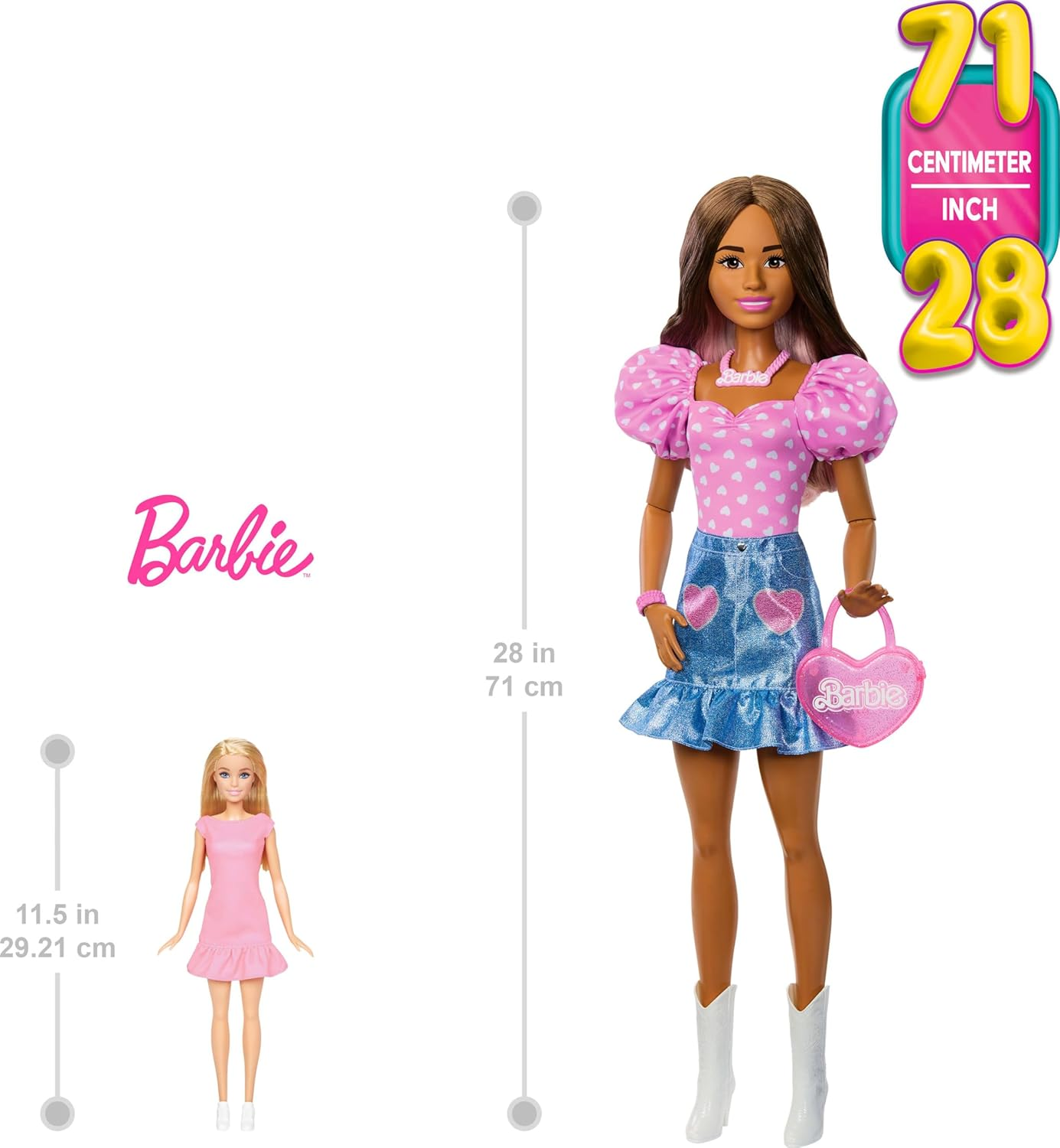 Barbie 28-In Brunette Fashion Doll with Removable Fashions, Pink Top, Denim Skirt, & Cowboy Boots, Necklace and Purse Accessory image number 5