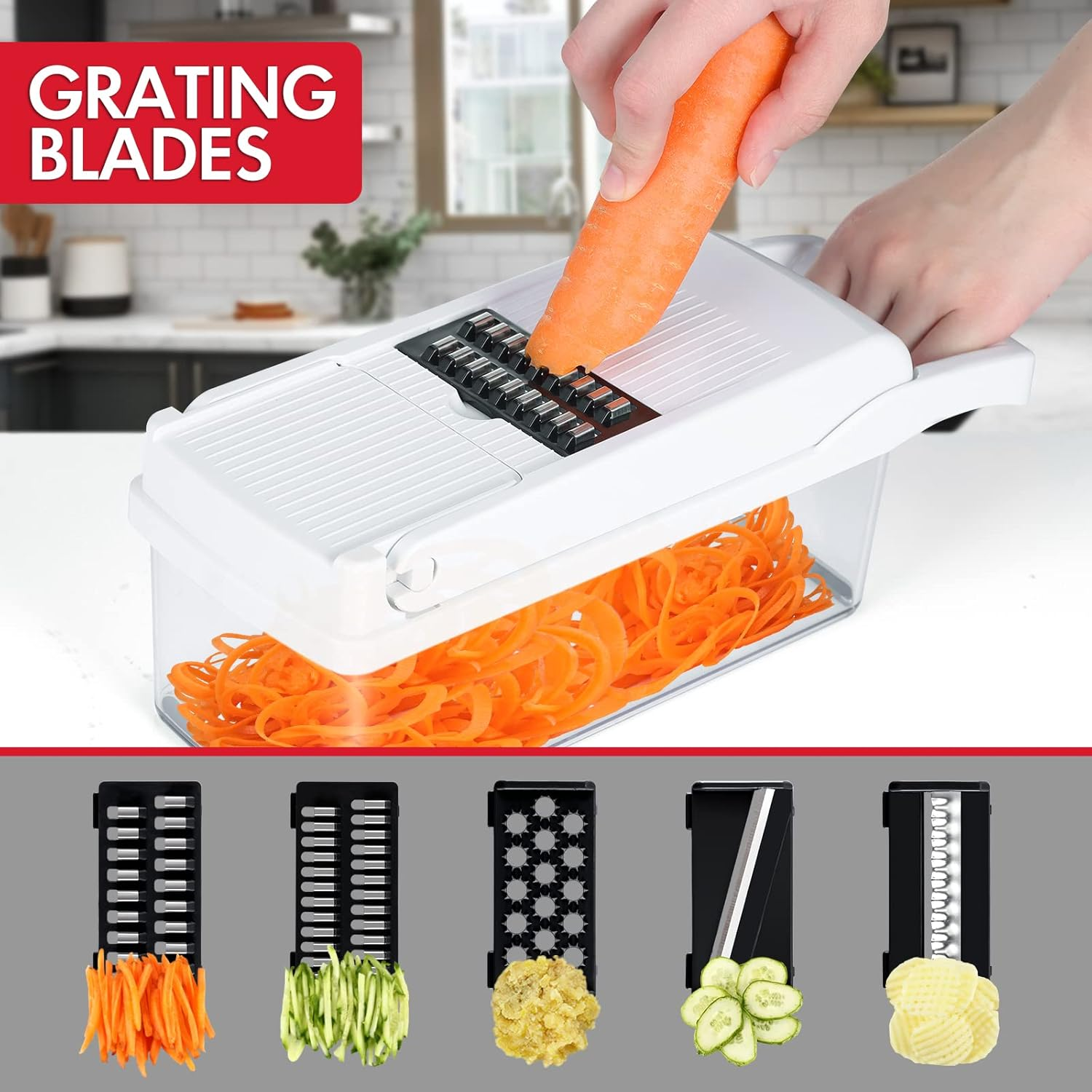 Ourokhome Vegetable Chopper Onion Cutter, 14 in 1 Professional Mandoline Slicer for Kitchen, Multifunctional Food Chopper for Potato, Tomato, Veggie with Strainer Basket, 10 Blades, Black - Gery image number 3