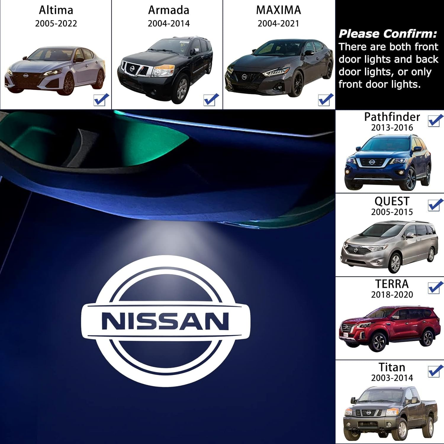 No Fade Verkoy Door Light Logo Compatible with Nissan - Welcome Lights Accessories for Terra/Altima/Maxima/Armada/Titan/Quest/Pathfinder Series-4Pcs image number 3