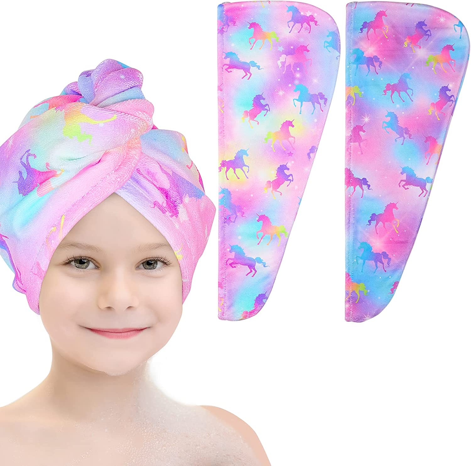 Basumee Microfiber Hair Towel Wrap for Kids 2 Pack Rapid Drying Hair Towel with Button Hair Turbans for Wet Hair Wraps Head Towel Wrap for Women and Girls, Flower