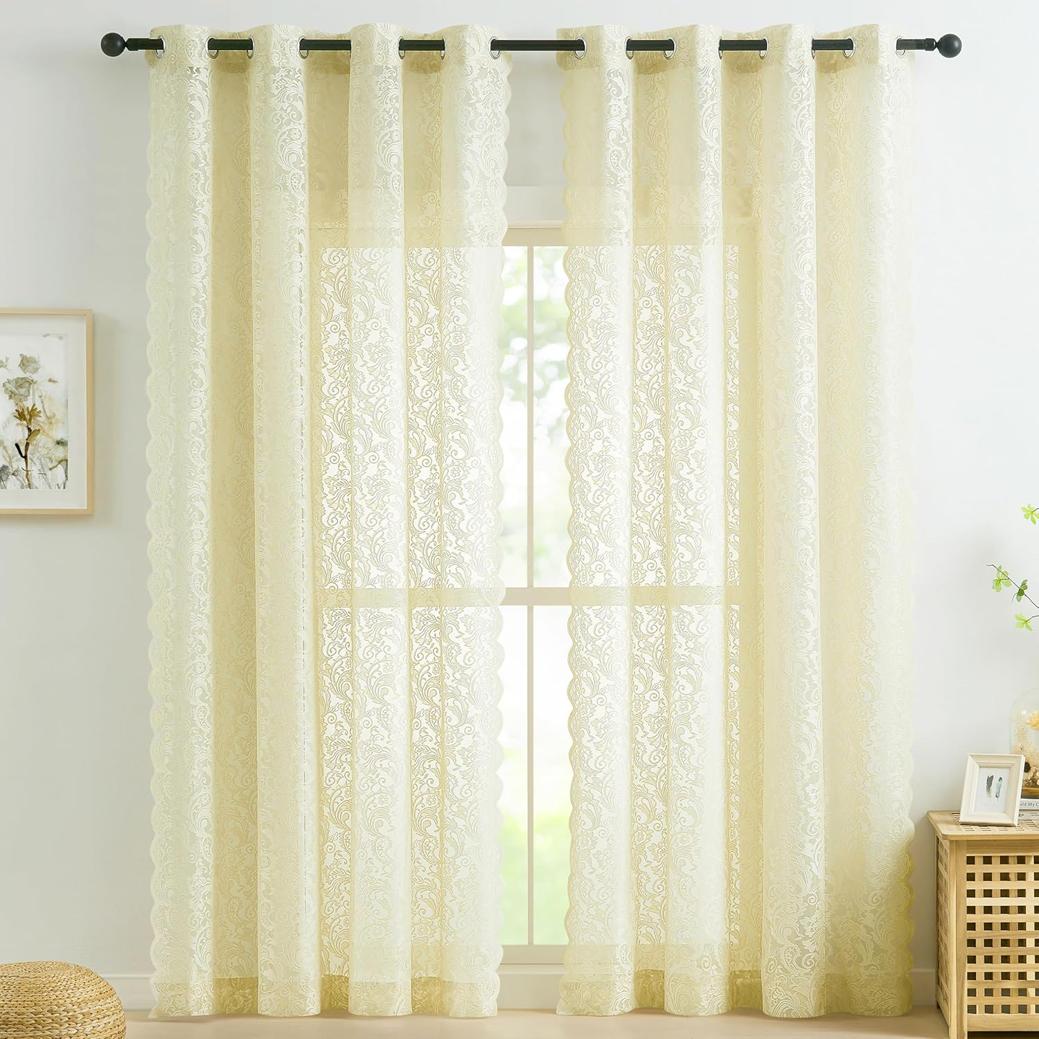 Bujasso Black Sheer Lace Curtains 84 Inch Vintage Floral Sheer Gothic Curtain Panels for Living Room Bedroom Luxury Light Filtering Drapes Black Window Treatment Sets Rod Pocket 2 Panels 54" Wx84 L