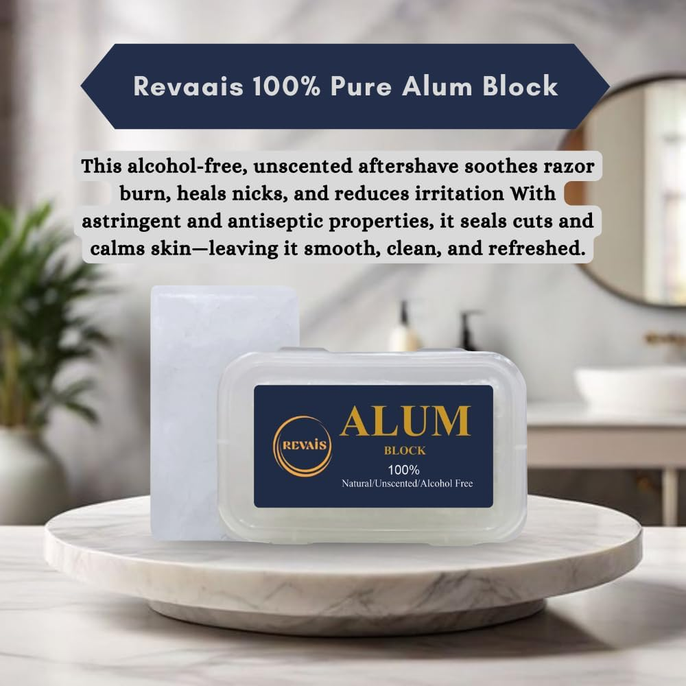 REVAIS Natural Alum Stone Block &ndash; 100% Pure Potassium Alum Fitkari Aftershave & Deodorant &ndash; Soothes Razor Burn, Cuts, Irritation &ndash; Alcohol-Free, Unscented, Non-Staining Astringent for Men & Women 100G