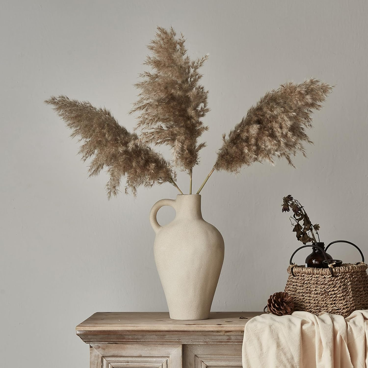 Ceramic Rustic Vase Farmhouse Decor: Beige Pitcher with Handle - Vintage Flower Terracotta Stoneware Jug - Matte Pottery Home Decor for Shelf, Mantel, Centerpiece, Table Decorations - 2 Handles 8.6" image number 2