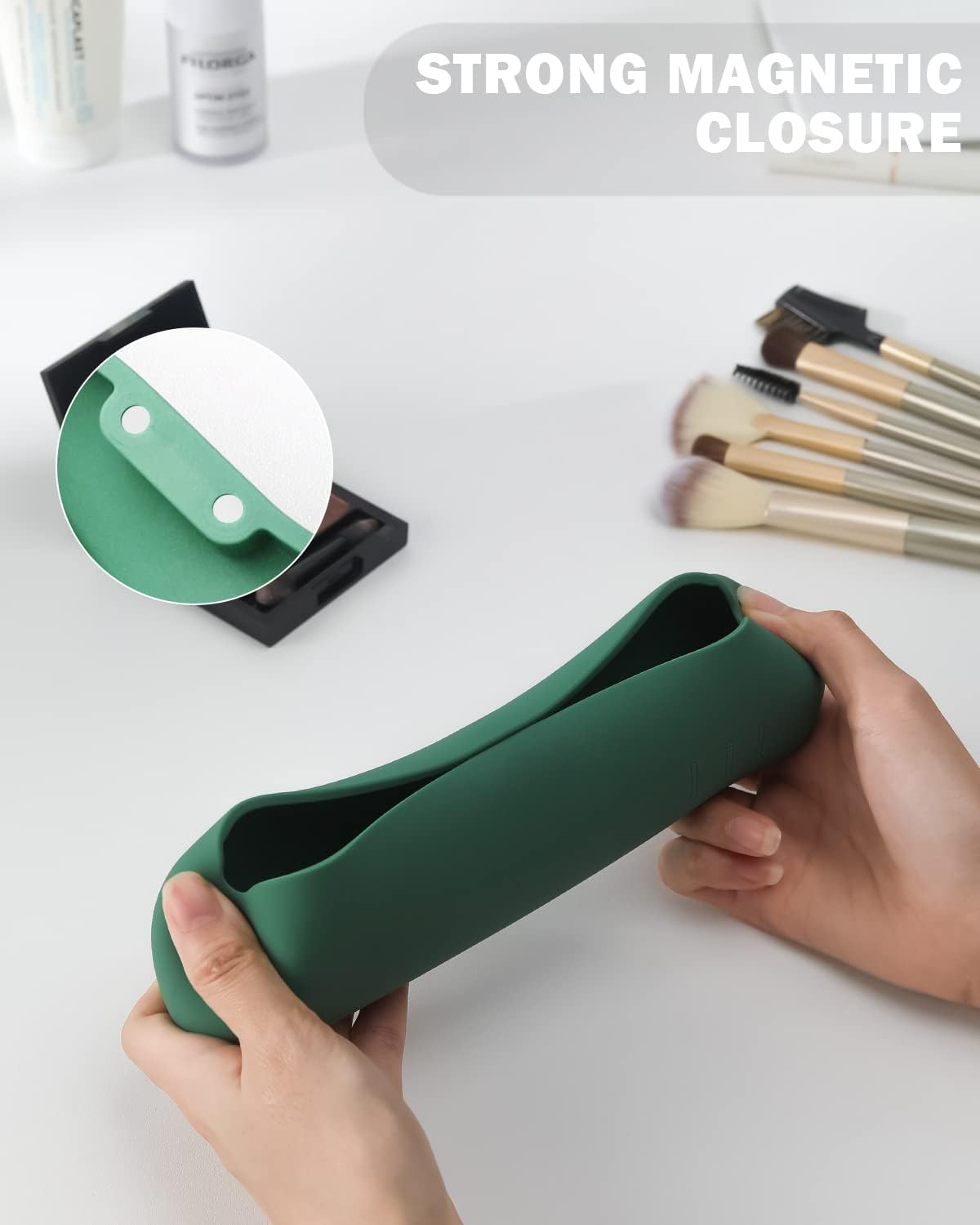 BEZOX Travel Makeup Brush Holder with Strong Magnetic Buckle, Silicone Make up Brush Pouch Case, Cosmetic Brush Mini Bag - Green image number 3