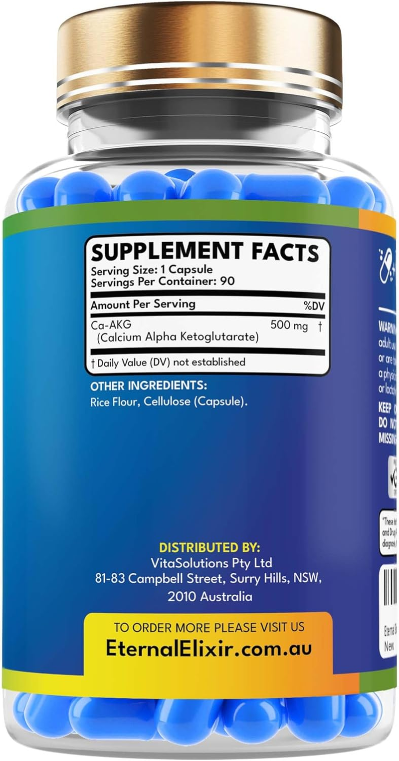 Eternal Elixir Calcium Alpha-Ketoglutarate 500Mg per Capsule - 90 Capsules for Cellular Energy, Bone Health, Metabolic Function, and Healthy Aging Support