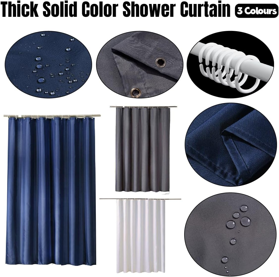 AIMALL Thickened White Fabric Shower Curtain, Polyester Waterproof Hotel-Grade Liner, Plain Color, Durable & Easy Care - Shower-Curtain-Blue image number 5