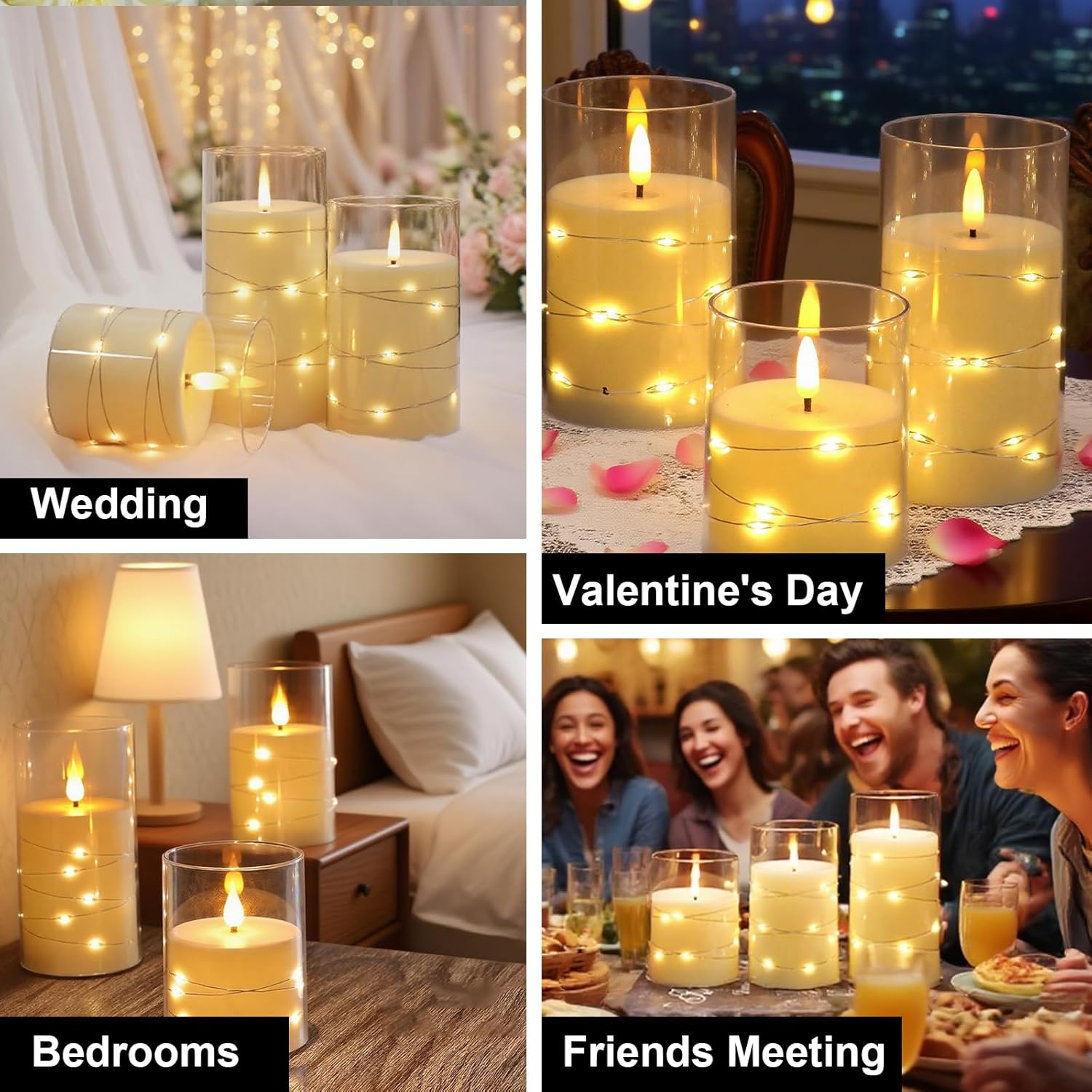 Flickering Flameless Candles: Built-In Star String Lights Unbreakable 3D Wick Acrylic Battery Operated LED Pillar Candles, for Romantic Home/Wedding/Room Decor(4" 5" 6")