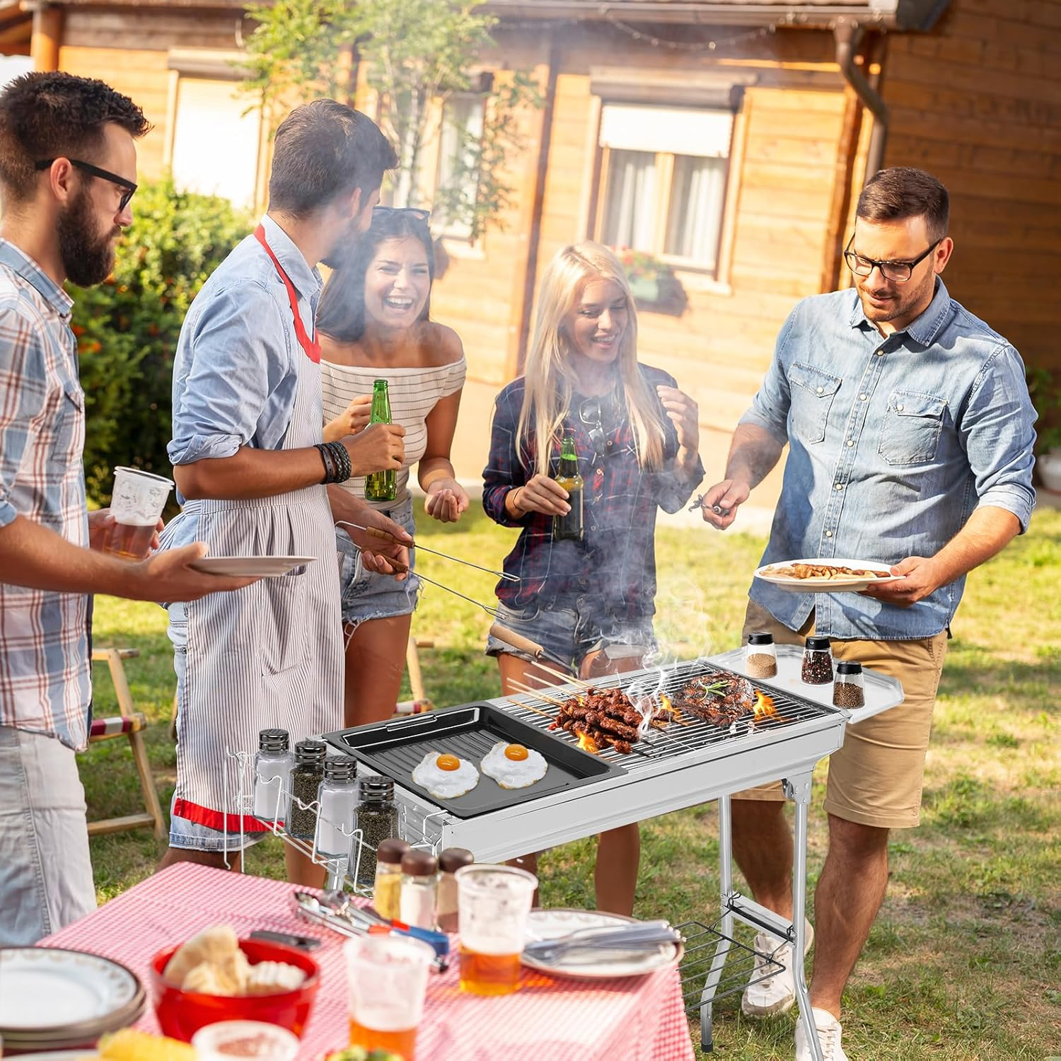 Large Stainless Steel BBQ Charcoal Grill, 39 X 12X 28" Portable & Foldable Barbecue Grill, Outdoor Patio Garden Heating Smoker for Cooking Camping Hiking Picnic Garden Beach Party image number 4