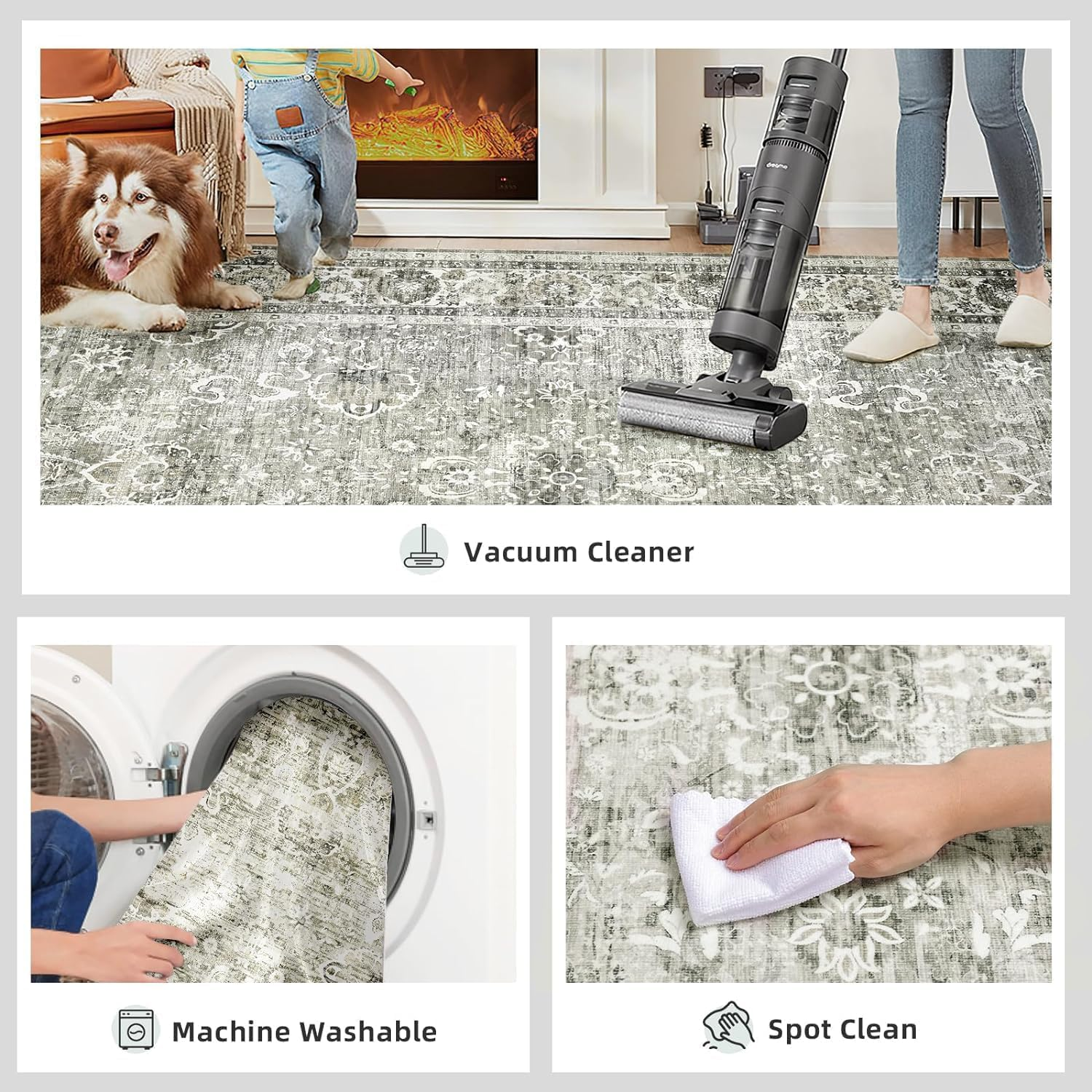 Area Rugs for Living Room Boho Large Area Rug Vintage Machine Washable Rugs Carpet Non-Slip Distressed Carpet Area Rugs Print Floor Rug Mat for Livingroom,Bedroom, Office (Creamgreen, 200X300CM) image number 6