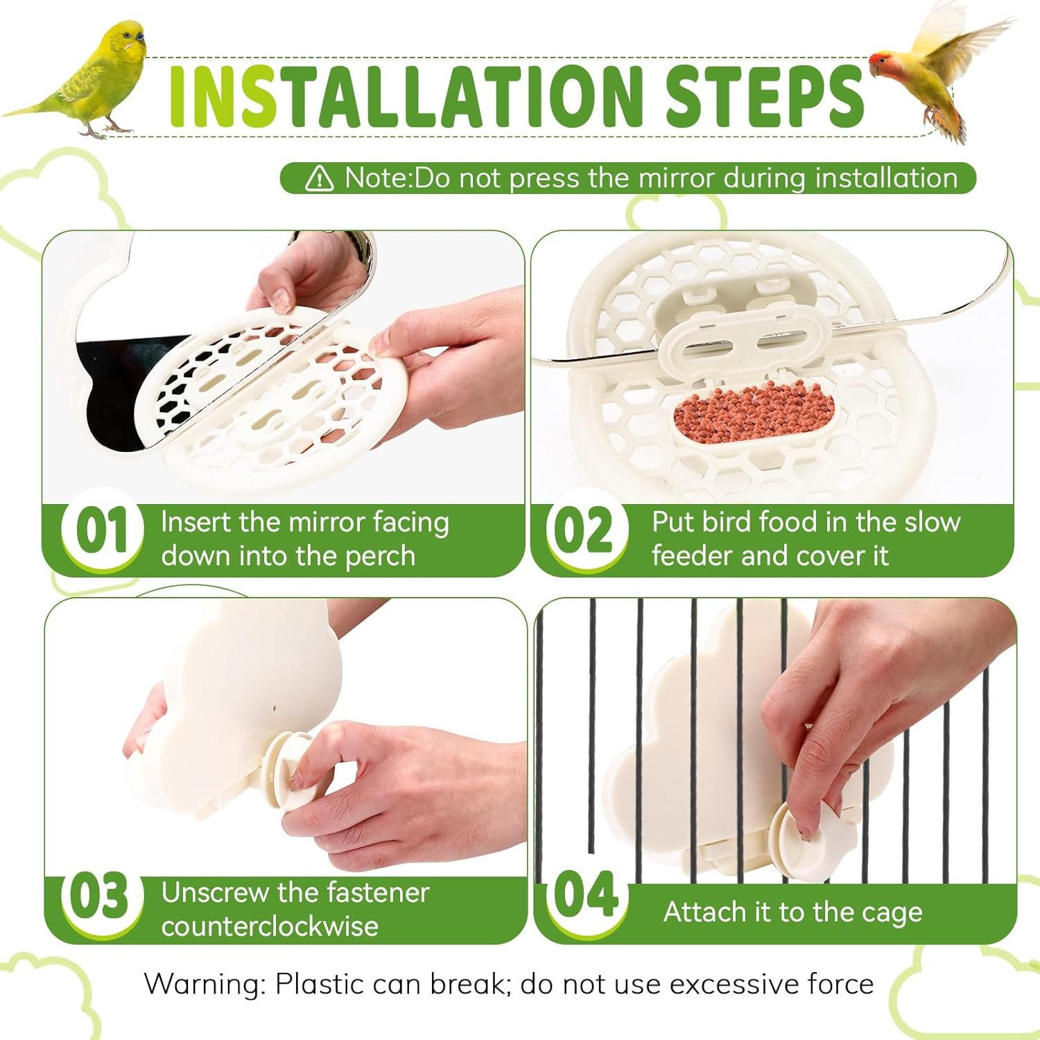 Bird Mirror, Bird Cage Mirror, Bird Toy Bird Cage Mirror for Parakeets, Bird Cage Feeders, Bird Perches for Cage, Bird Cage Accessories (Beige, Green) 2 Pack image number 3