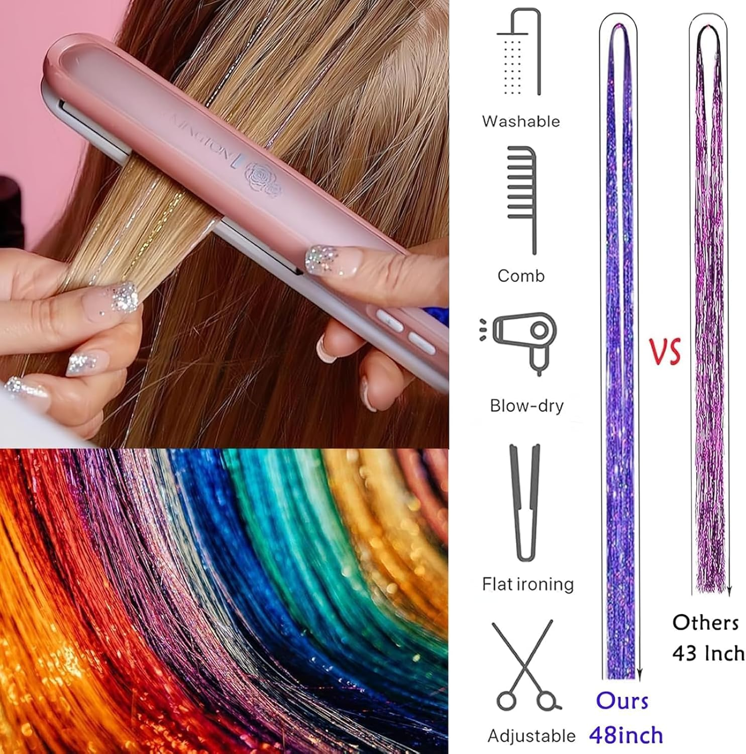Weidllys Hair Tinsel,18 Colors Hair Tinsel Kit for Girls 7600 Strands Fairy Tinsel Hair Extensions Holographic Hair Tinsel Heat Resistant Colored Hair Glitter Christmas Party Festival (18 Colors) image number 4