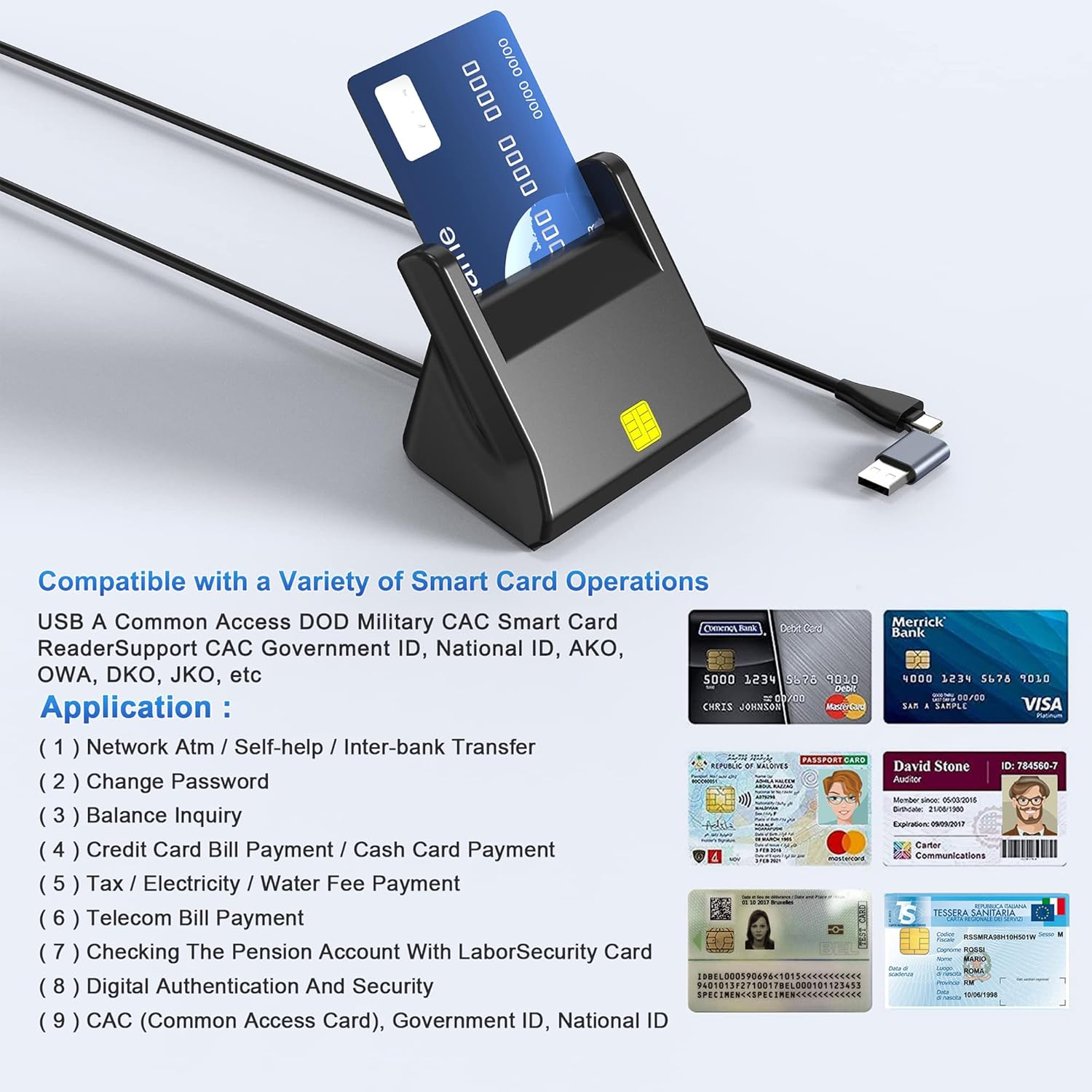 Smart Card Reader, SIM Card Reader, 2-In-1 CAC Card Reader for Common Access CAC/SIM/ID/IC Bank/Health/Insurance/E-Tax/Contact Chip Card, Compatible with PC, Laptop - Windows/Vista/7/8/11