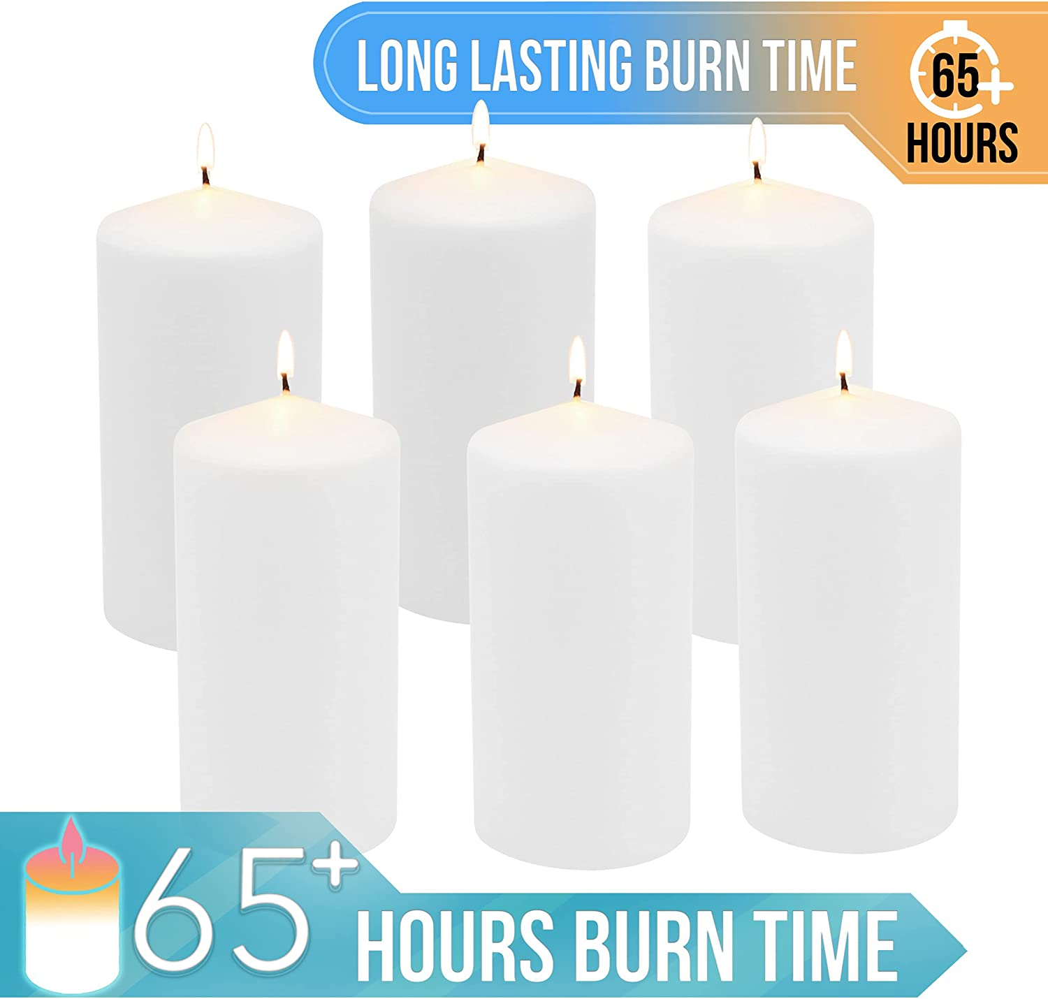 Stonebriar 6 Count Tall 3 X 6 Inch 65 Hour Long Burning Unscented White Wax Pillar Candles image number 2