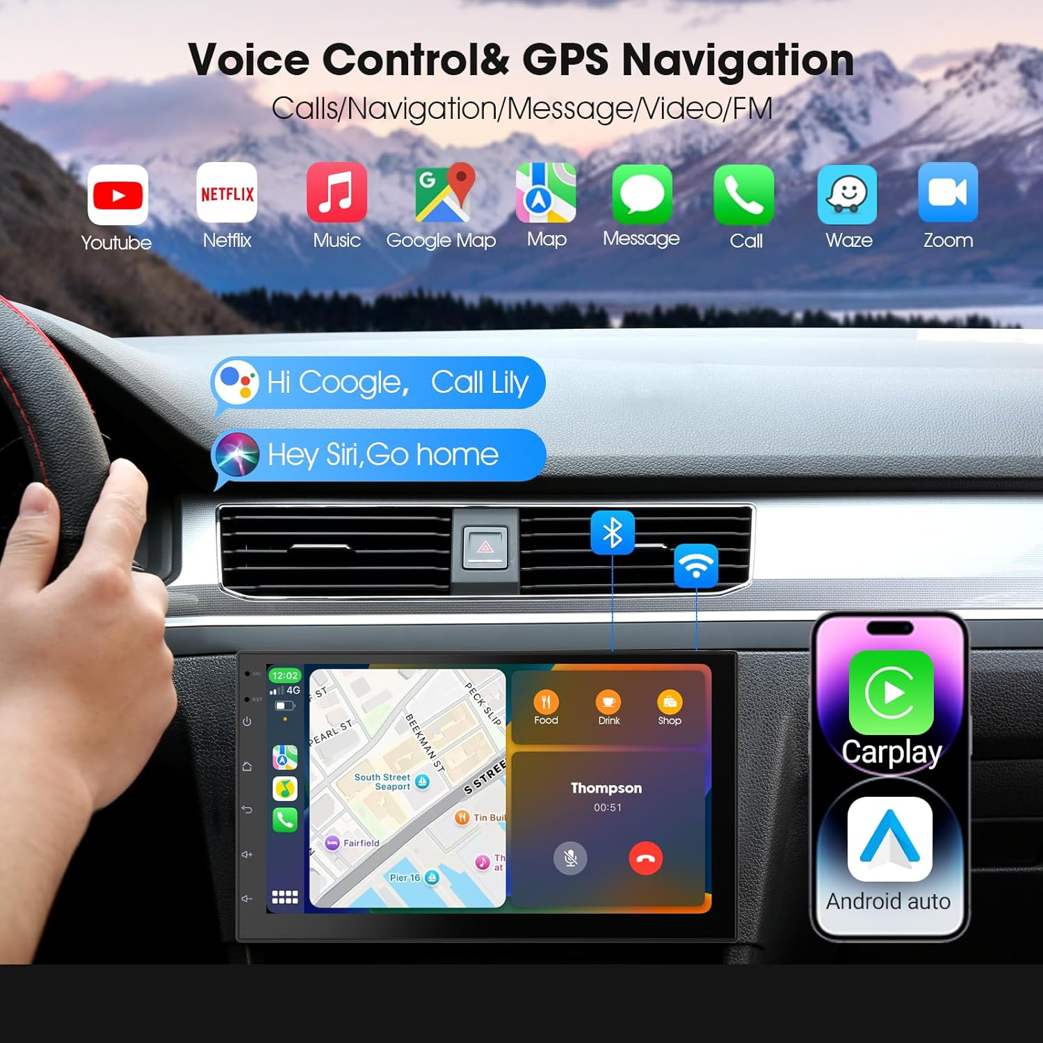Wireless Carplay Screen for Car & Android Auto Head Unit - Touchscreen 7 Inch Double Din Car Stereo with Backup Camera for All Cars (2+32GB NO Camera) image number 4