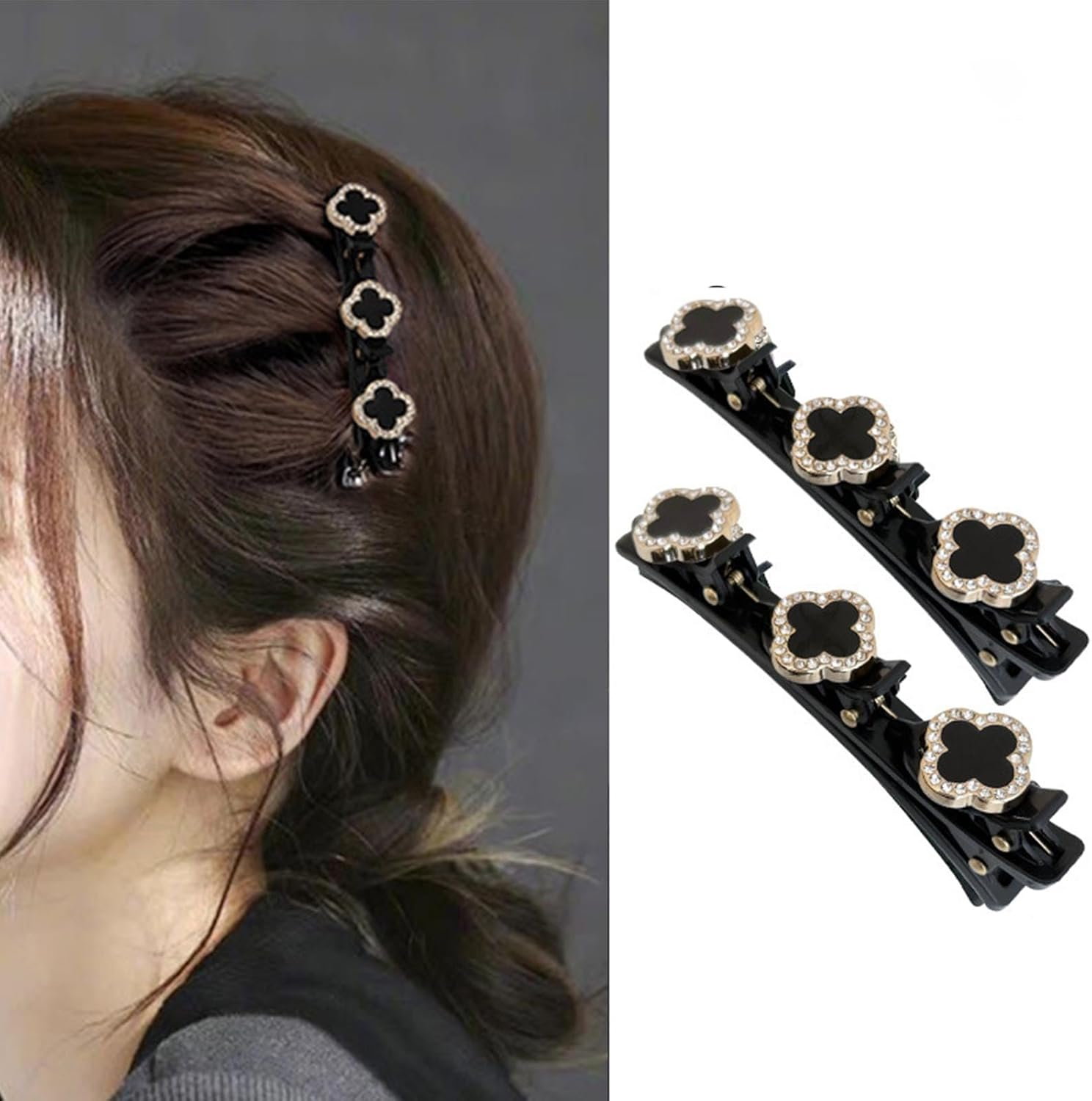 Braided Hair Clips with Sparkling Crystal Stone and 3 Small Clips Beaded Hair Pin Duck Bill Clip Braided Hair Clip with Rhinestones for Women as a Gift (Style: F) image number 1