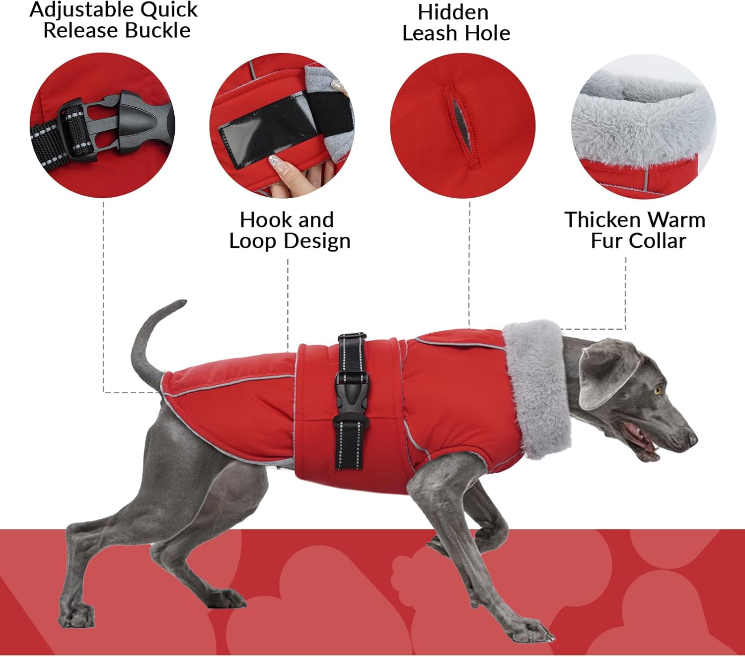 Fleece Winter Coat for Dogs, Dog Coat, Waterproof Dog Jacket, French Bulldog, Warm Vest, Adjustable Dog Clothing, Winter for Small Dogs (Red, 3XL) image number 3