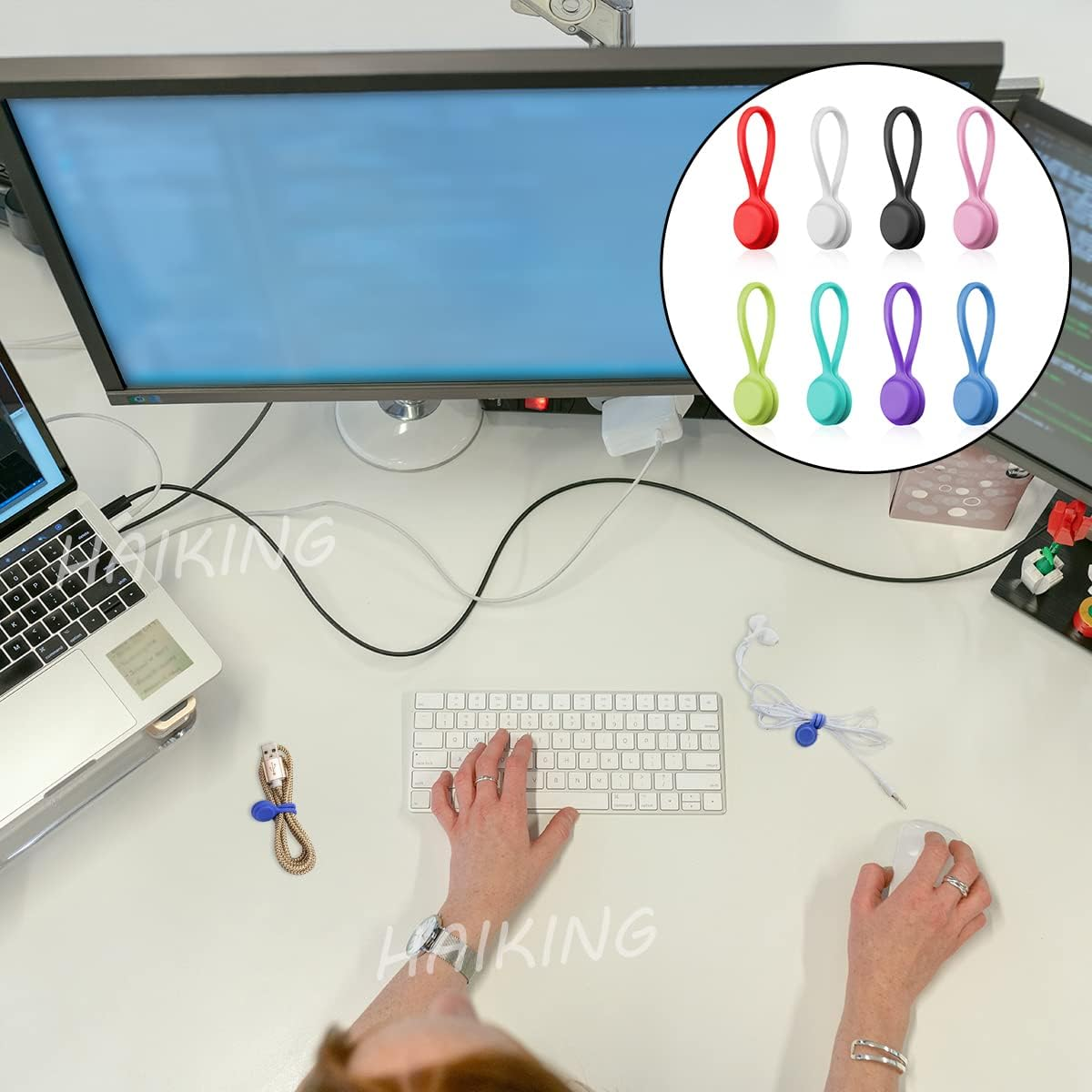 HAIKING Silicone Cable Ties, 8 Pcs Reusable Magnetic Straps Wire Organizer for Bundling and Organizing Cables, Hanging & Holding Keychain, Headphone Cables (8 Colors) image number 2