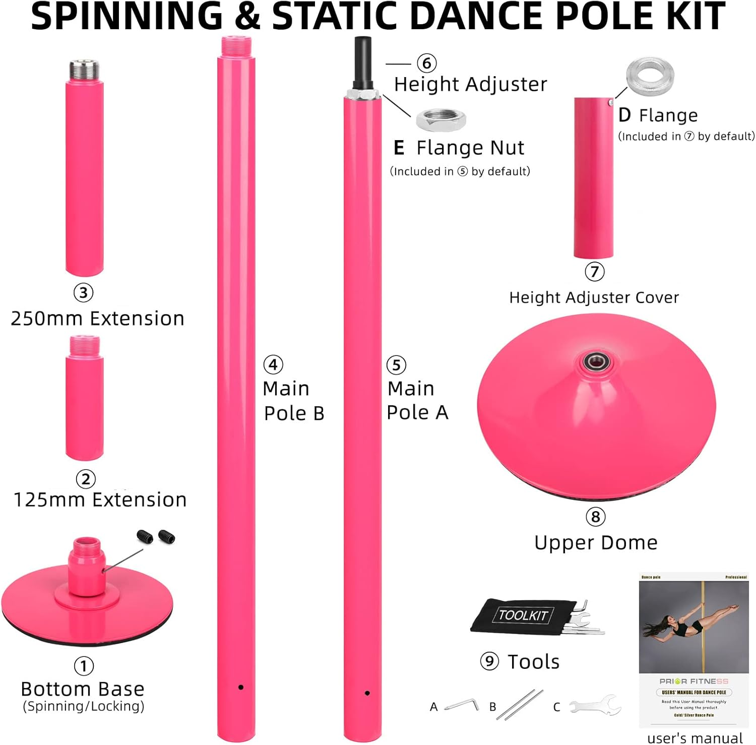 PRIOR FITNESS Pole Dance 45Mm Dance Pole Spinning Static Dancing Pole Portable Removable Fitness Pole Set for Exercise Club Party Home Pink image number 1