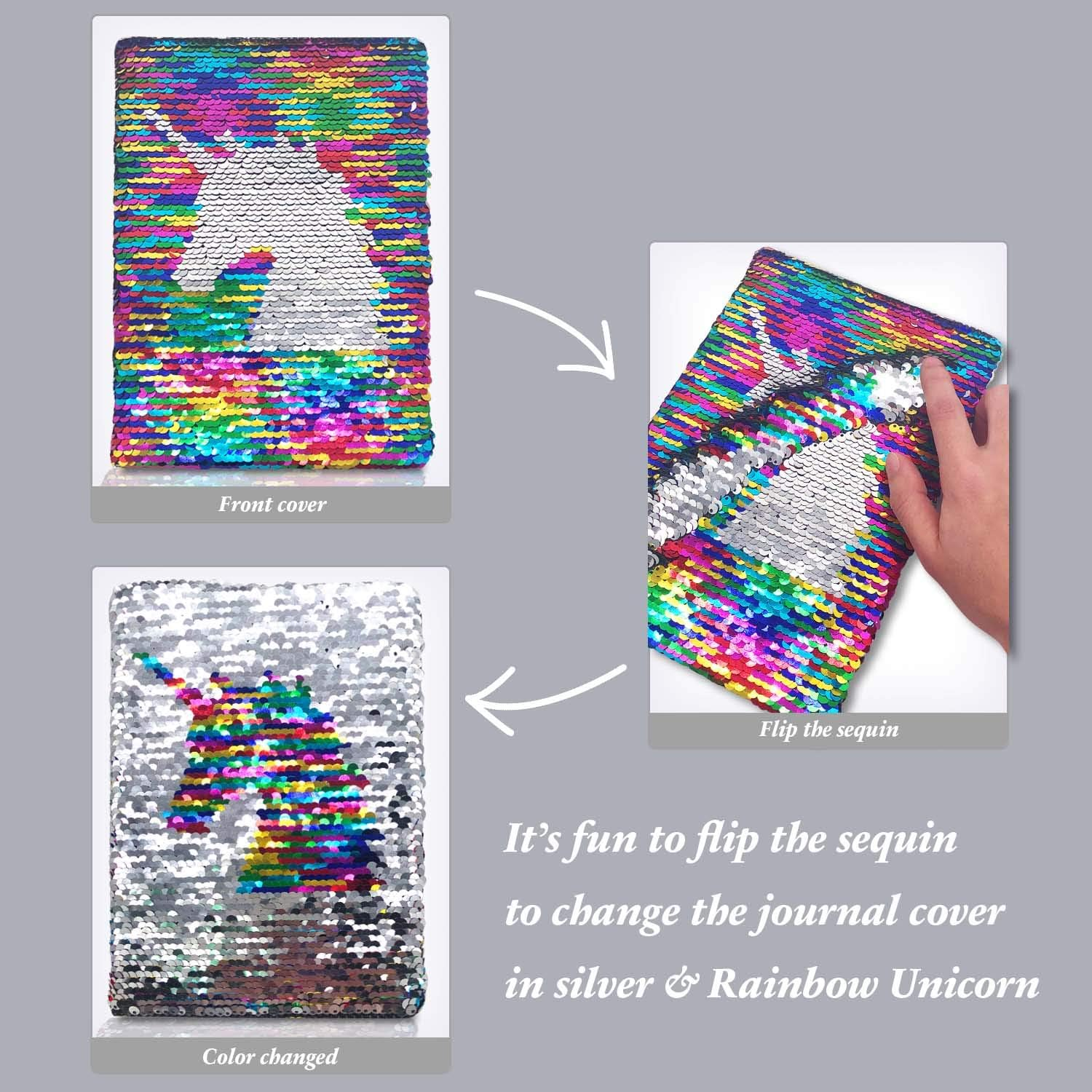 Reversible Sequin Notebook for Girls, 8.5 X 5.5 Inches 160 Lined Pages Kids Journal for Girls Diary Rainbow Flip Sequin Unicorn Notebook for Teenager Birthday Gifts for Girls and Boys 5 6 7 8 9 10 - Blue image number 4