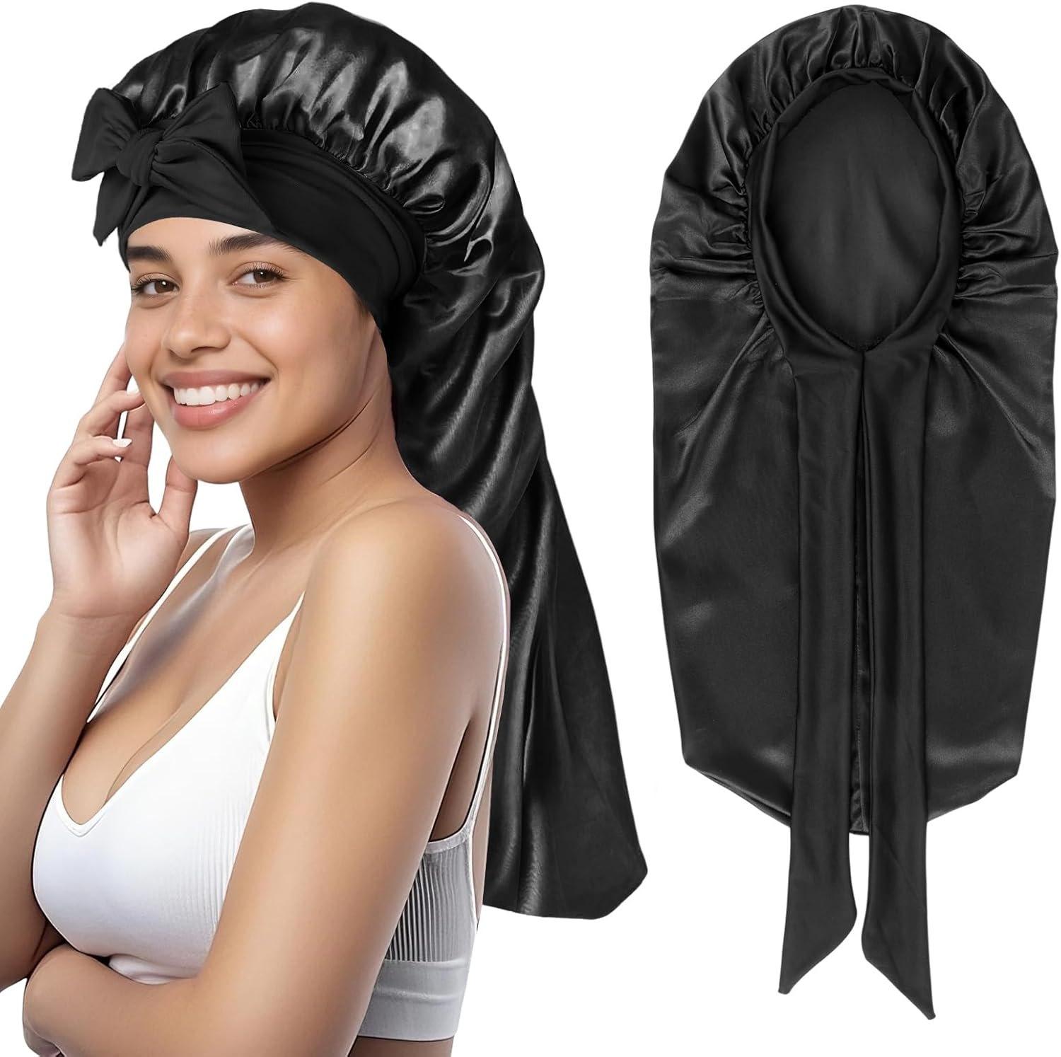 Long Satin Hair Bonnet, Adjustable Silk Bonnet for Women