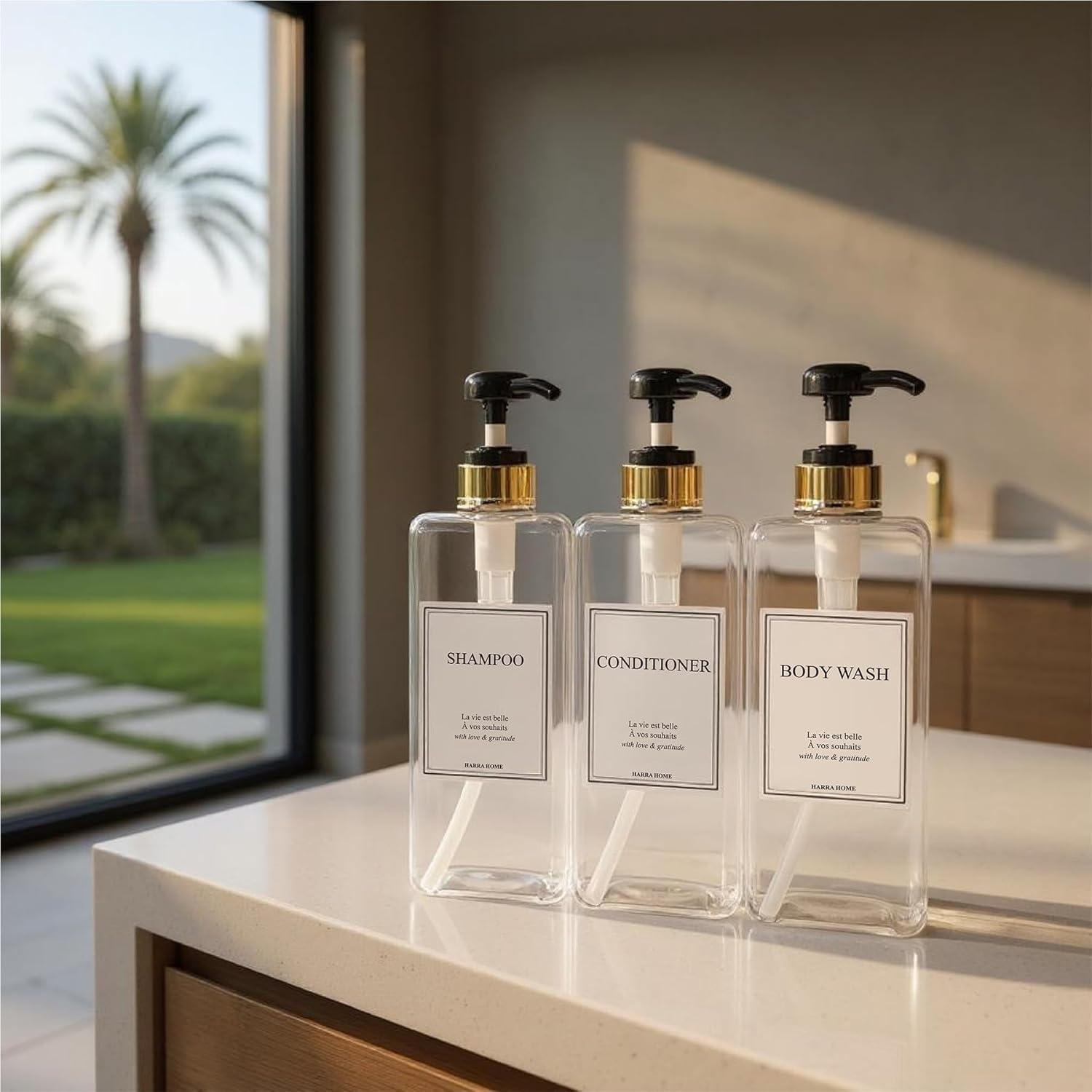 Modern Gold Design Shampoo and Conditioner Dispenser, Large 27Oz Shower Soap Dispenser, Set of 3 Refillable Empty Plastic Pump Bottles for Bathroom (6 Waterproof Labels Included), (Clear & Black) - Clear  Black image number 6