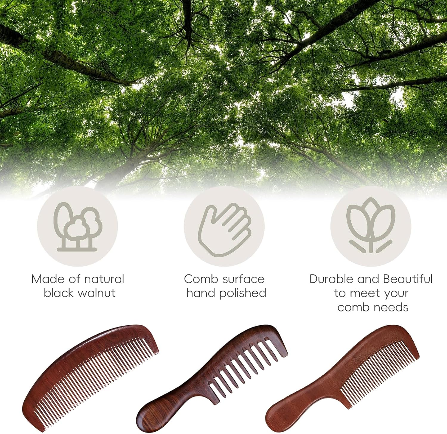 CHEUNGHAO 3 Pcs Walnut Wood Hair Comb Set, Anti-Static Wooden Combs for Women, Wide & Fine Tooth Hair Comb for Scalp Massage & Curly Hair Care image number 1
