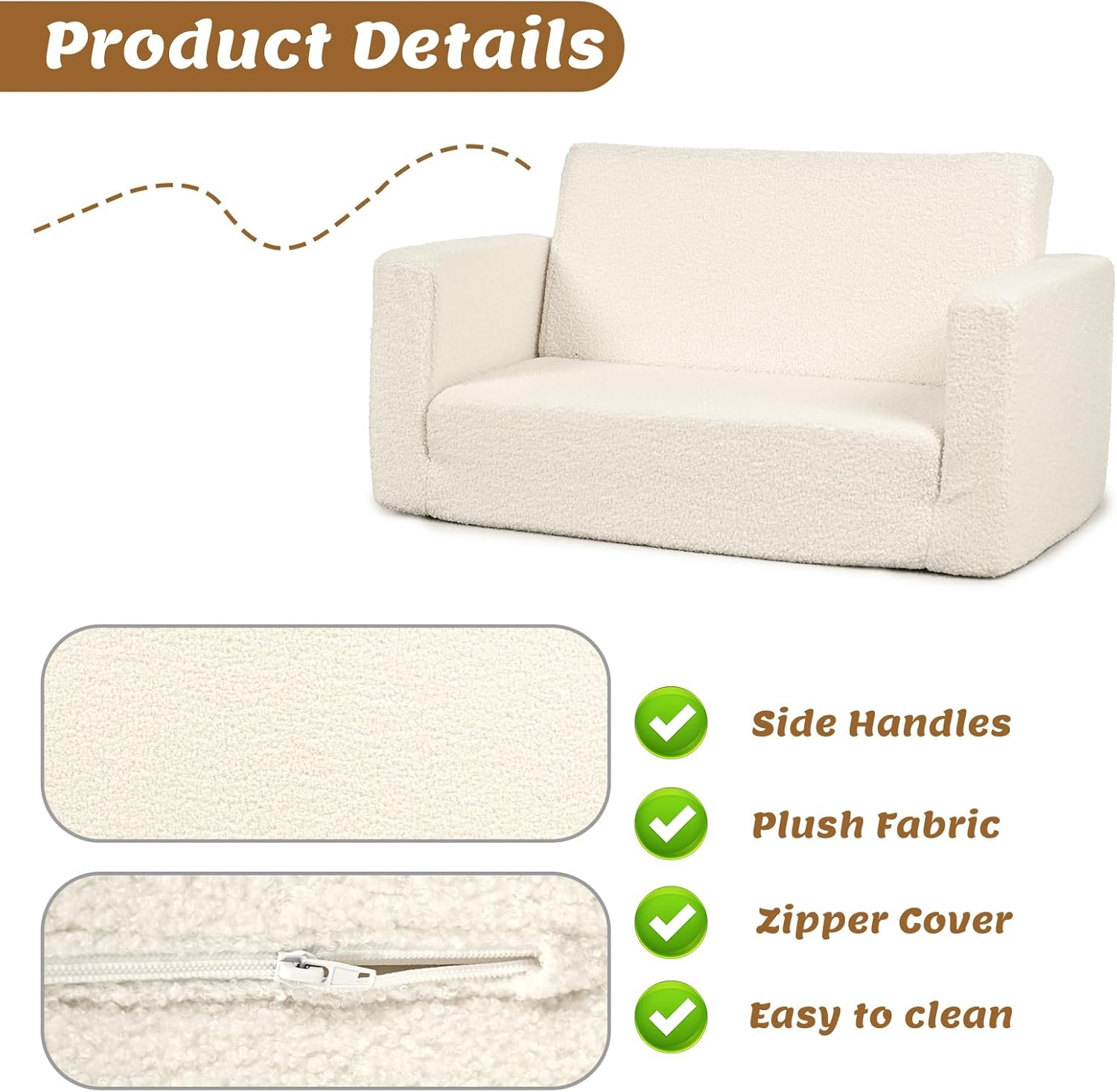 FAYDUDU Kids Sofa, 2-In-1 Fold Out Soft Toddler Couch, Toddler Sofa Bed with Washable Covers, Chair with Side Pocket Suitable for Playroom and Bedroom, Baby Sofa for Boys and Girls (Beige, L)