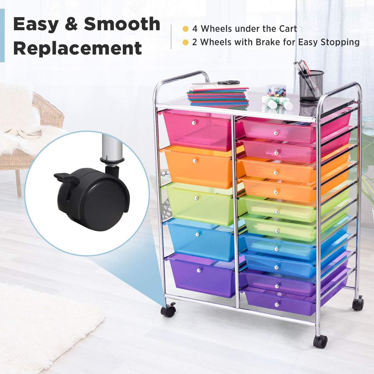 Costway 15-Drawer Rolling Storage Cart, Multi-Color, Steel & Plastic, Ideal for Home, Office, School & Garage image number 1
