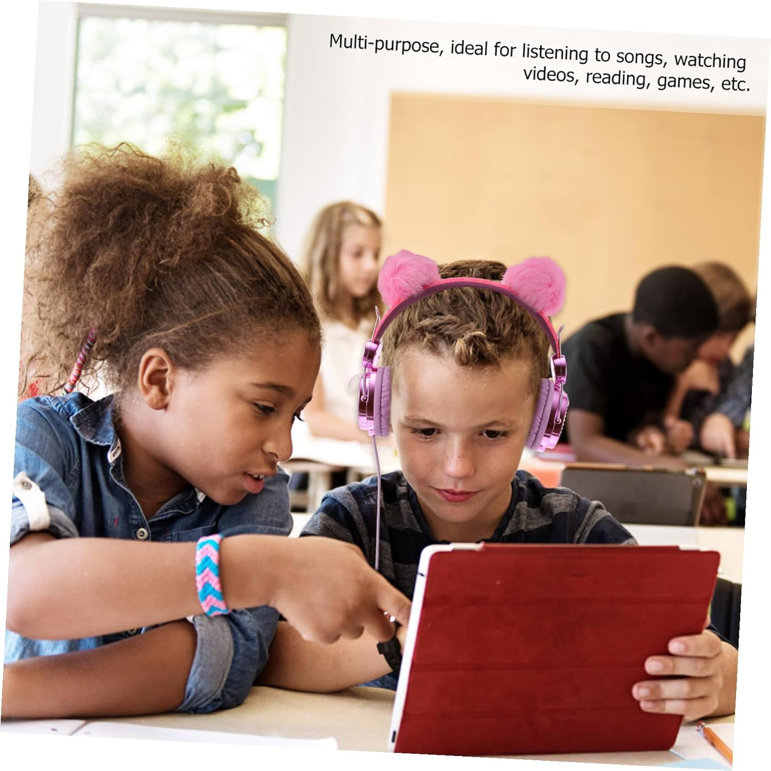 COHEALI Kids over Ear Headphones with Microphone Rhinestone Glitter Furry Ball Wired Headset for Children Pink Fuzzy Earphones Suitable for Online Study and Gaming Random Color image number 1