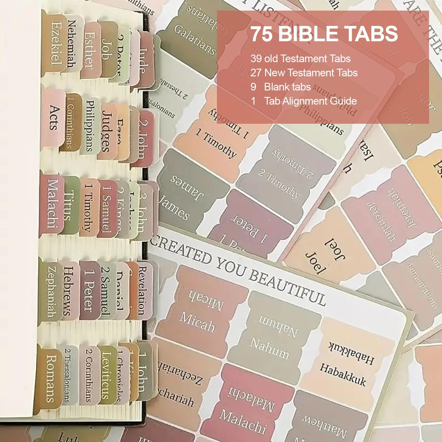 Boho Theme Laminated Bible Tabs, 75 Tabs for Women and Men, Bible Tabs for Study Bible, Bible Index Tabs, Bible Book Tabs, Bible Labels Tabs, Bible Tabs (Morandi) image number 2