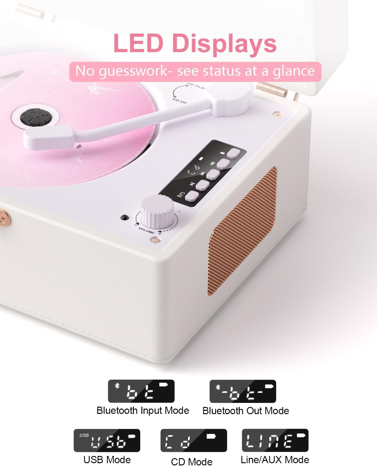 Vintage Desktop CD Player with Speakers, Rechargeable Battery, Portable Retro Suitcase CD Player for Home with Bluetooth Out & Input, USB Playback, Aux-In, Headphone Jack, White image number 2