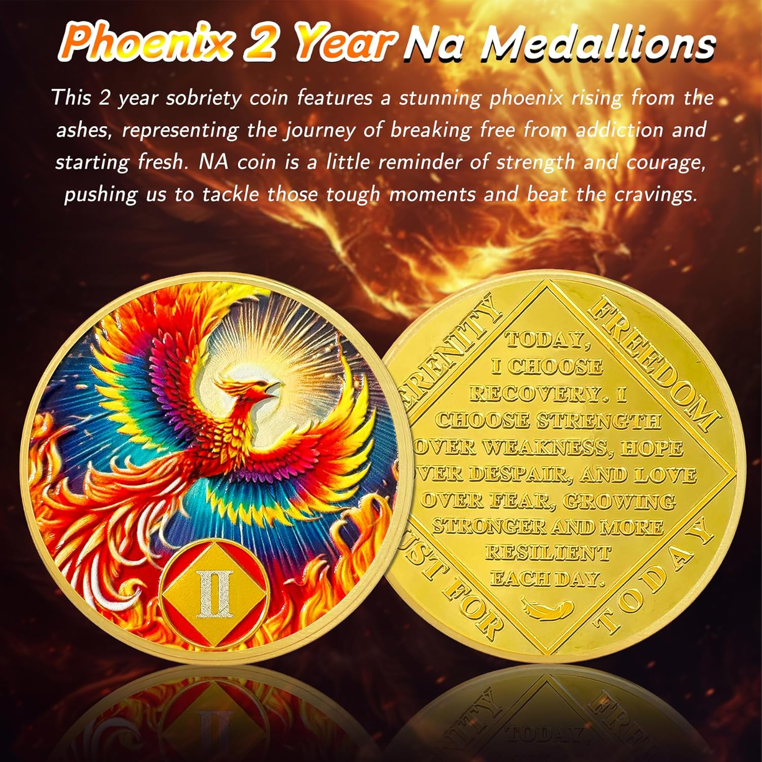 Sunlight Phoenix 2 Year Na Medallions - Reborn from Fire Sobriety Coin - Recovery Addiction NA AA Chips and Medallions - Celebrate Living Clean Affirmation Narcotics Anonymous Gifts for Men Women image number 6