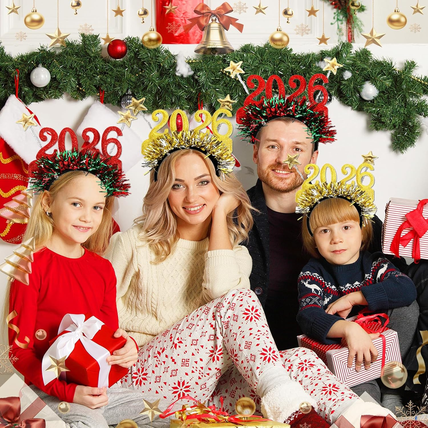 Oneroomone Pack of 2 Headband Christmas Photo Props 2026, 2026 Happy New Year Headband - 2 Pieces Festive Colour Stripes Headdress 2026 - Christmas Accessories Decorations (Gold/Red) image number 2