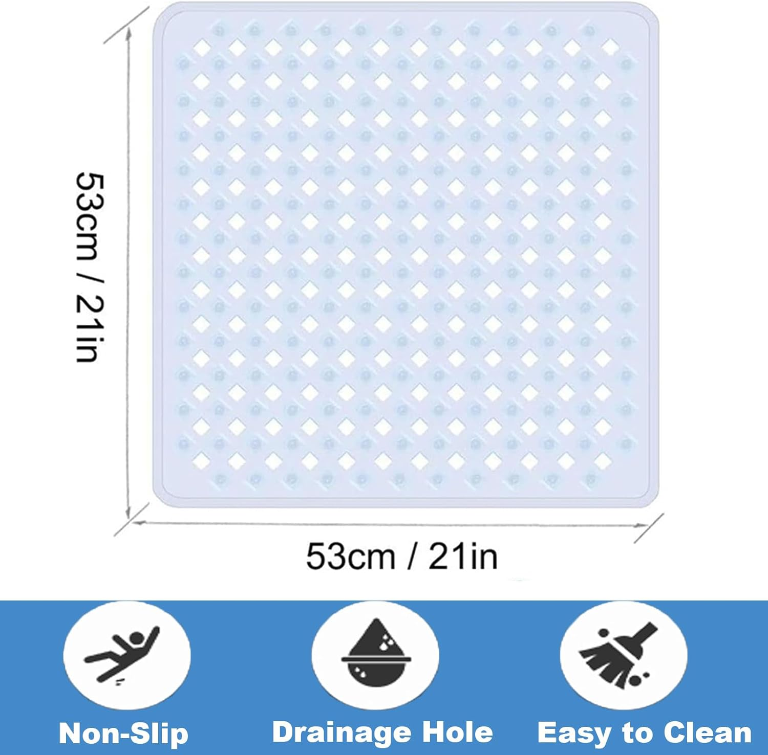 Non Slip Shower Mat,Square Shower Mat Non Slip anti Mold 21 X 21Inch Bathtub Mat with Suctions Cups and Drain Hole,Non-Slip Stall Mat for Elderly Bathroom,Machine Washable,Clear White