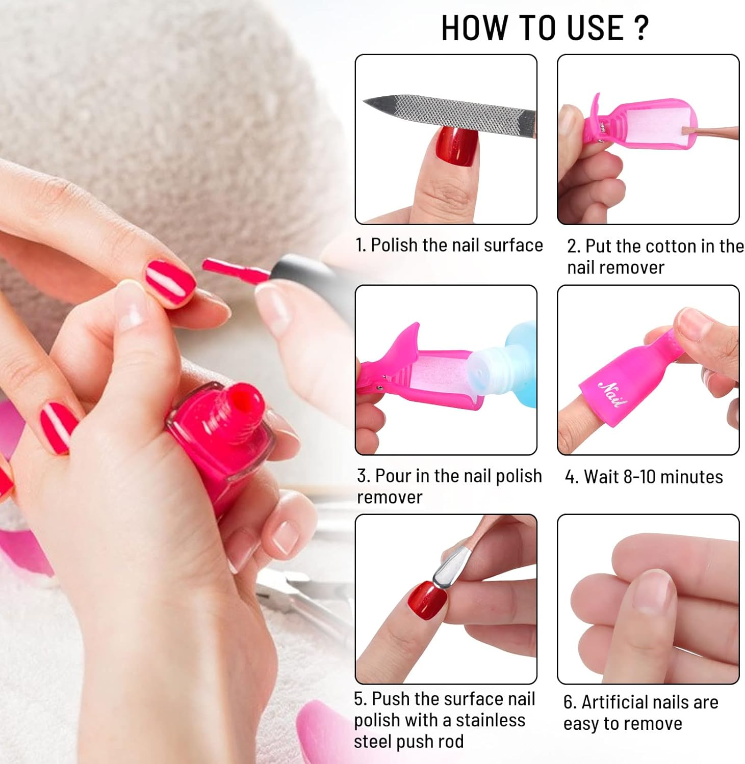 (10 Pcs Pink) Plastic Acrylic Nail Art Soak off Cap Clip UV Gel Polish Remover Wrap Tool Gel Nail Polish Remover Clips for Fingernail Removal Soak off Clips Wrap Cleaner Cap Clip - 7-Piece Set In Black image number 7