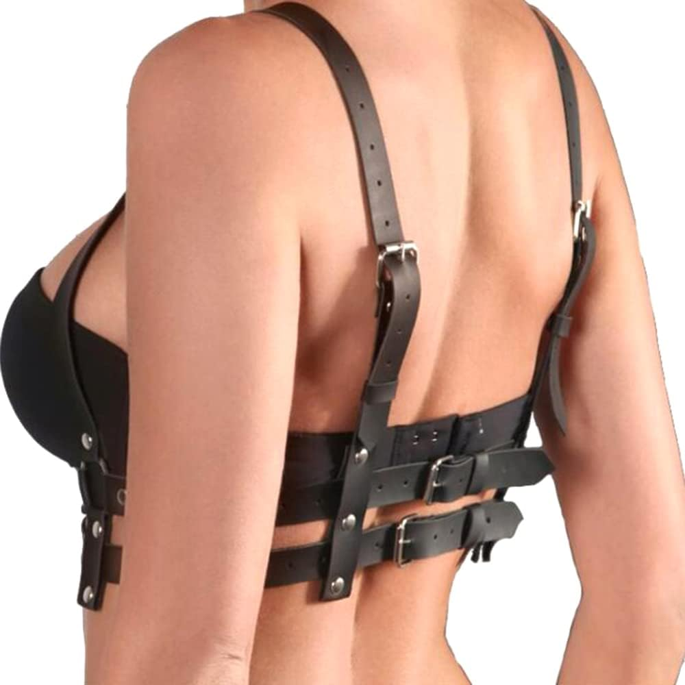 Wiwpar Punk Black Leather Chest Harness Body Waist Chain Belt Rave Nightclub Sexy Belly Bra Jewelry Accessory for Women Girls image number 2