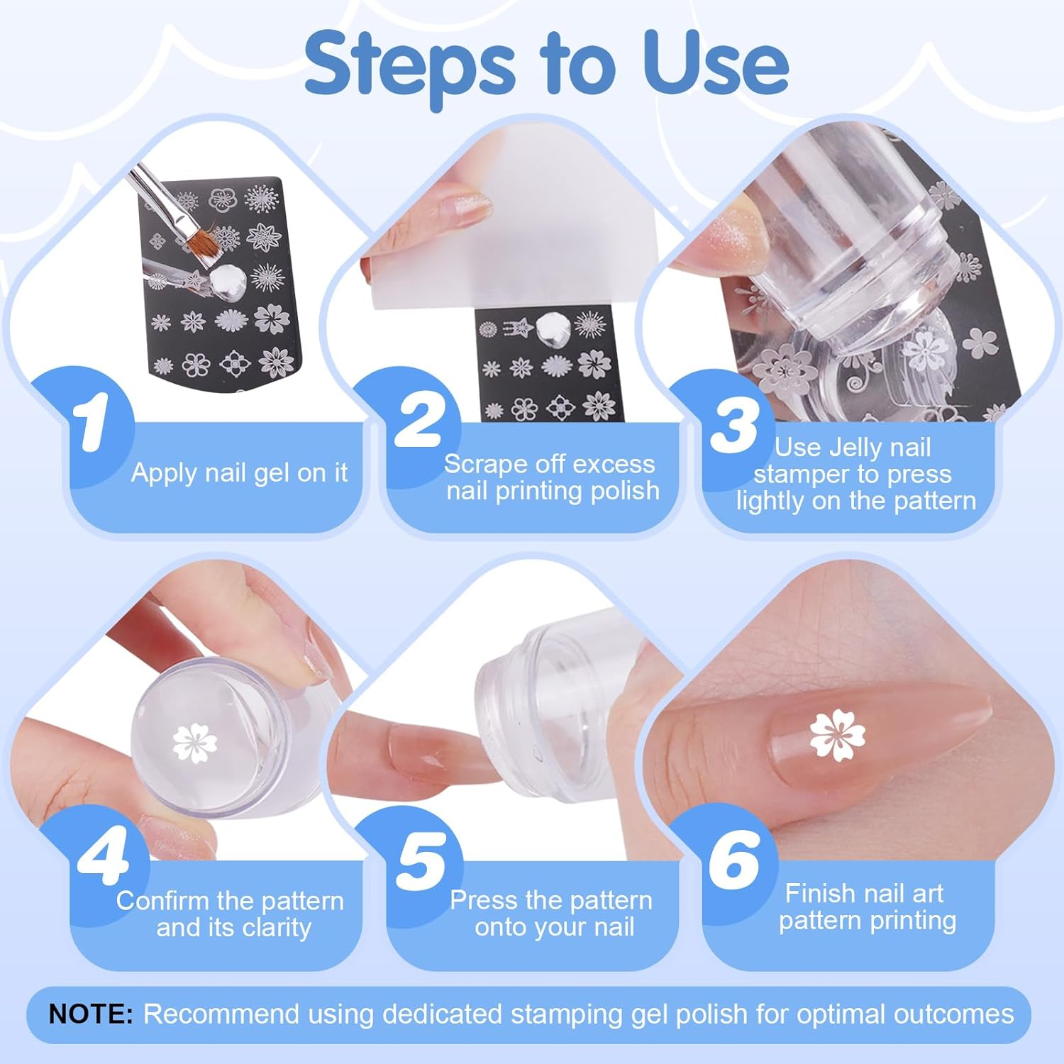 French Nail Stamper, Nail Stamper Kit - 2Pcs Nail Art Stamper, Nail Scraper, 2Pcs Nail Stamping Plate, 4Pcs Replaceable Silicone Jelly Heads for Gel Manicure Home Salon Nail Art DIY image number 4