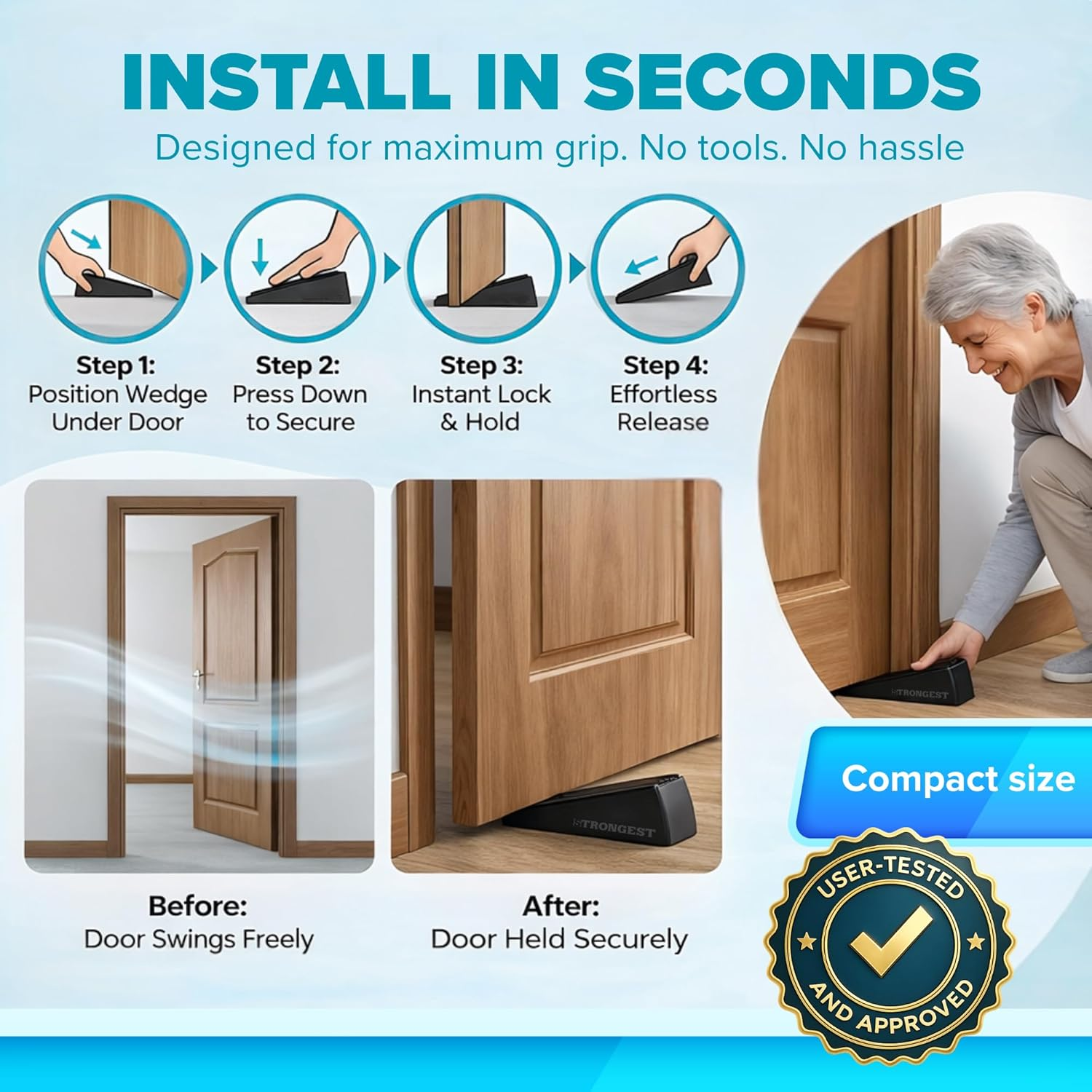 Strongest Door Stopper, Heavy Duty Door Stop Wedge Made of Premium Quality Zinc and Rubber Suits Any Door,Any Floor. Set of 2 plus Bonus Self Adhesive Wall Protectors (Black, 2 Pack)