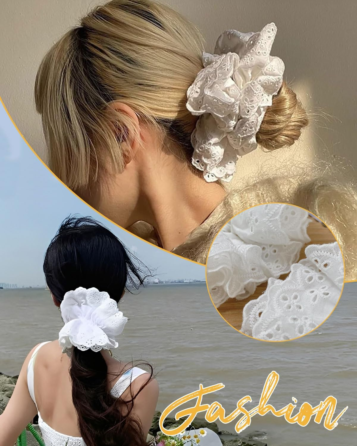 FUGLUS 2 X Elastic and Soft Hair Bobbles for Women, Large Elastic Hair Bands, Lace Suitable for Women, Thick and Long Hair, Large Curly Hair image number 1