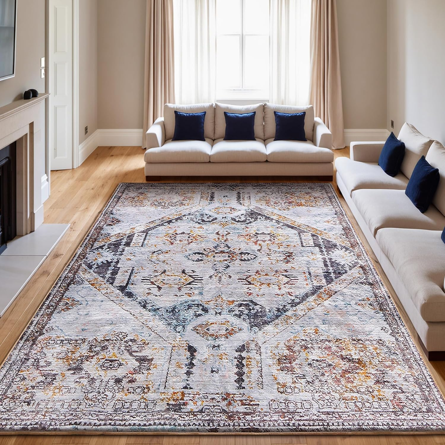 Calore Vintage Area Rug Living Room Rug, Non-Slip Soft Short Pile Carpet for Easy Clean, Chic Traditional Rug for Living Room Bedroom Dining Room (Retro Beige, 160 X 200Cm) image number 2