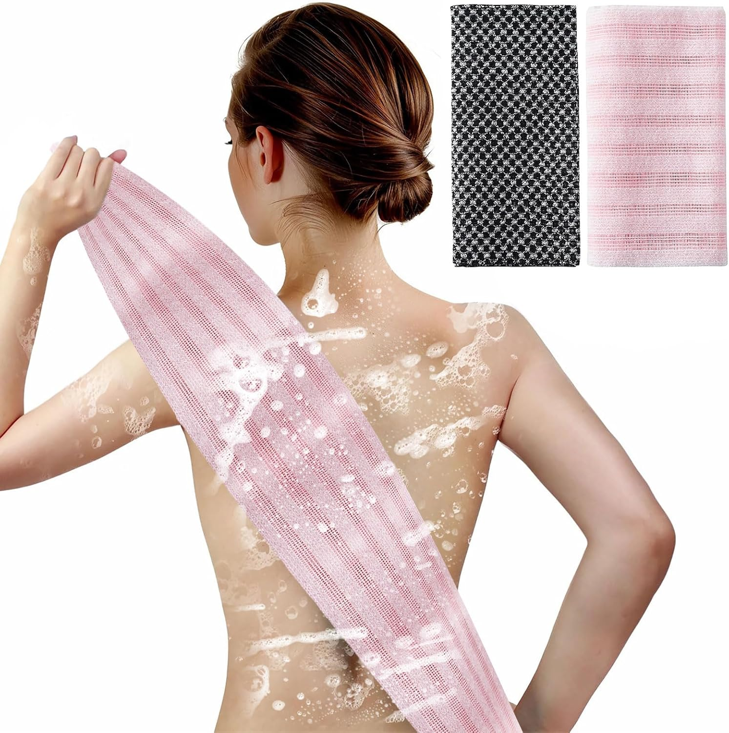 2Pcs Body Scrubber, Back Scrubber for Shower, Exfoliating Towel, Japanese Scrub Wash Cloth, Exfoliating Towel for Men Women, Body Exfoliator Loofah Luffa Sponge Net Rag Back Washer (Pink & Black) image number 1