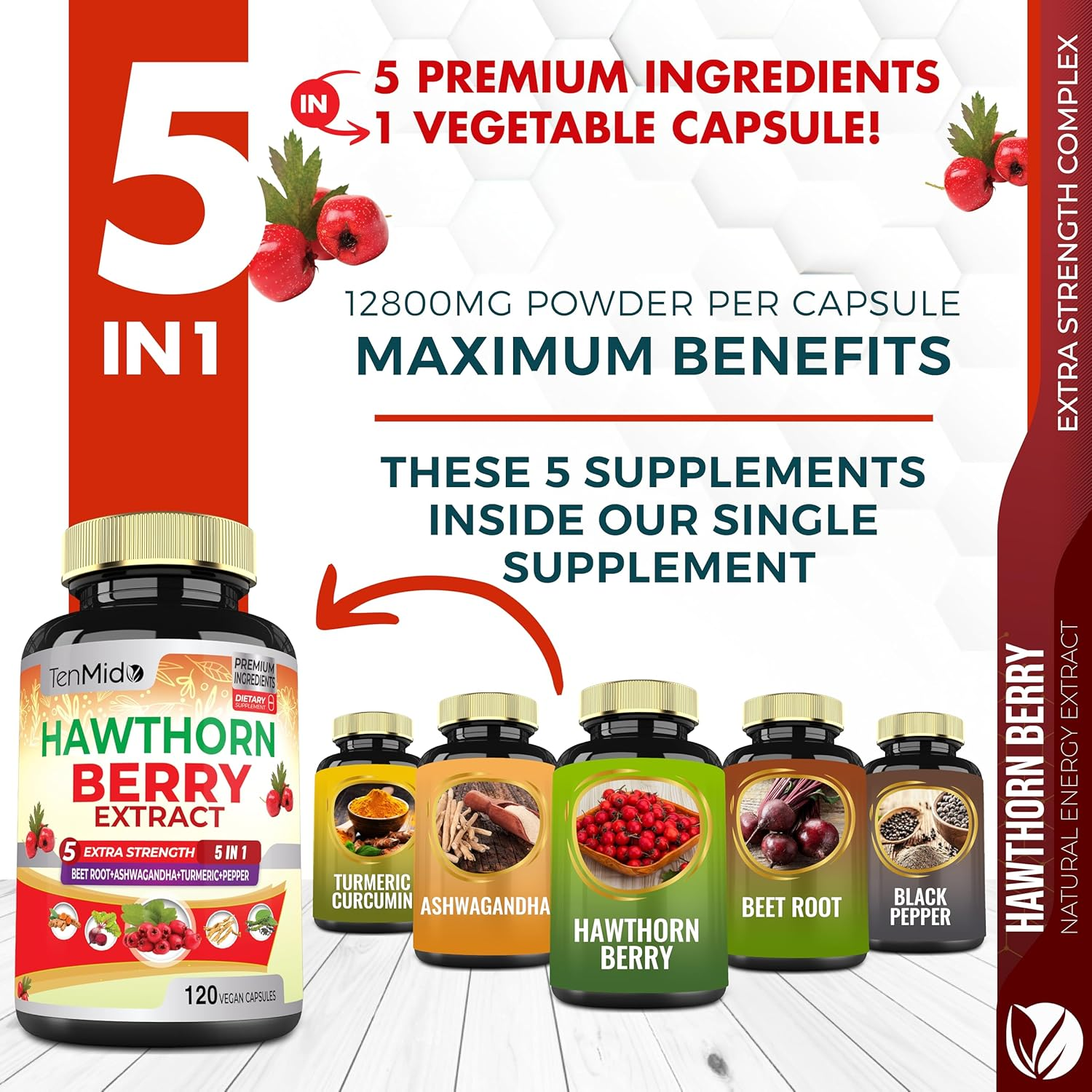 Hawthorn Berry Supplement Extract Capsules 12800Mg - 120 Vegan Capsules for 4 Months - Combined Beet Root, Ashwagandha, Turmeric Curcumin & Black Pepper - Supports Heart Health & Energy Production image number 2