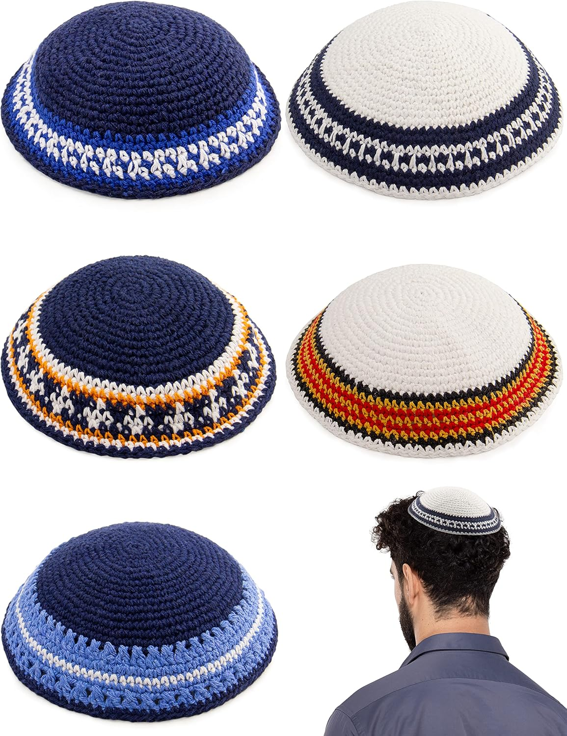 Holyudaica Pack of 5-Pcs Hq 20Cm Satin/Velvet Kippah with Silver/Gold String+Star of David for Men & Boys, Israel Kippot Bulk image number 6