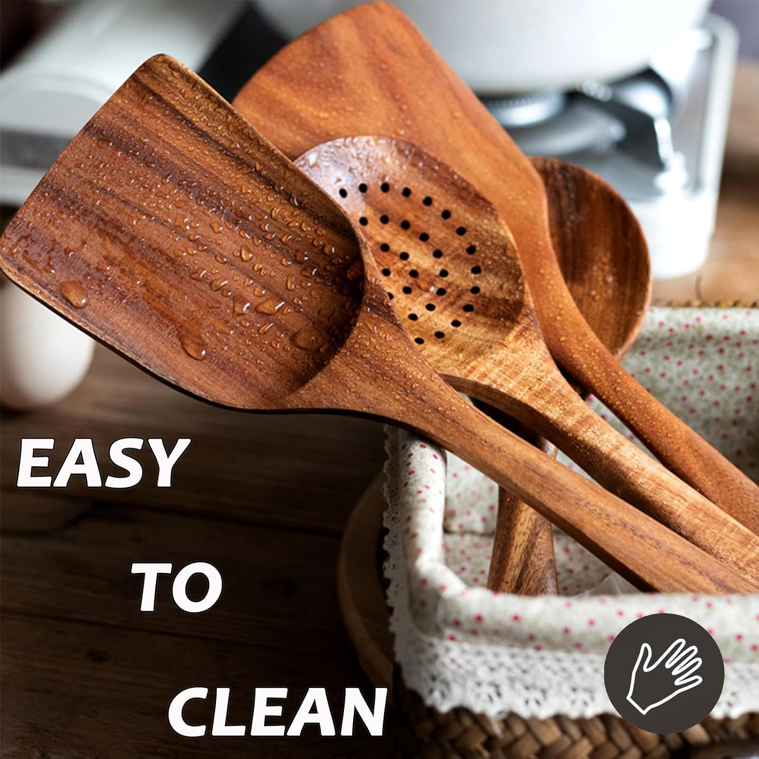 10 Pcs Wooden Cooking Utensils Set, Wooden Spoons for Cooking - Teak Wooden Utensil Set with Holder, Spoon Rest & Hooks - Sturdy, Lightweight and Heat-Resistant image number 4