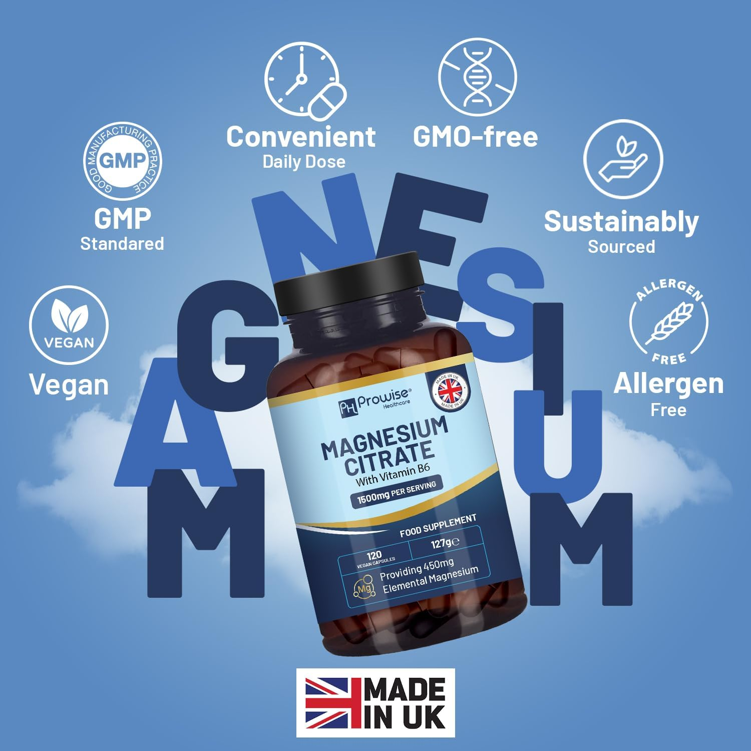 Magnesium Citrate Capsules 1500Mg with Vitamin B6 | 120 Vegan Capsules | 450Mg Elemental Mg | High Strength Magnesium Supplements for Women & Men | Capsule Not Tablets | Made in UK by Prowise image number 5