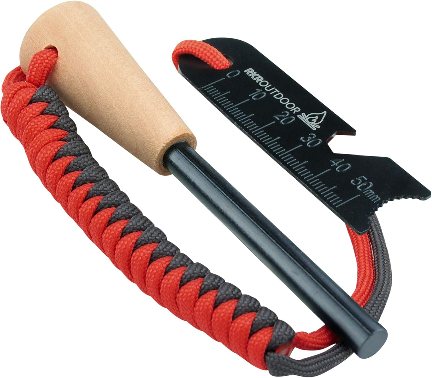 RKR OUTDOOR Ferro Rod Flint Fire Starter Kit with Handcrafted Wood Handle |5/16"- 3/8" Thick 12000-15000 Strikes |Survival Flint and Steel Rods with Multi-Tool Striker and Paracord Lanyard for Camping