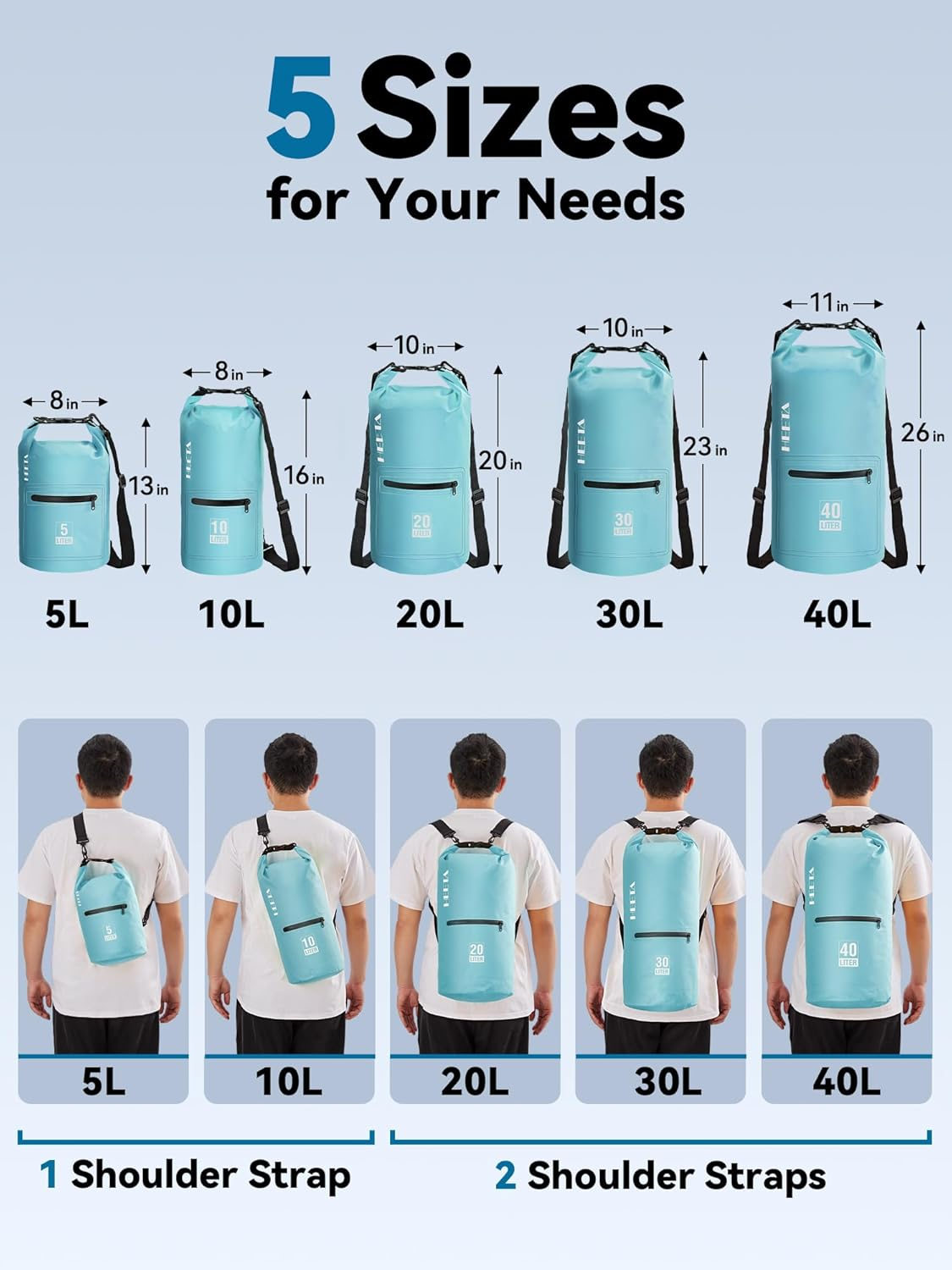 HEETA Waterproof Dry Bag with Front Zippered Pocket for Women Men, 5L/10L/20L/30L/40L Roll Top Lightweight Dry Storage Bag Backpack for Travel, Kayaking, Boating, Rafting, Camping, Beach (Blue, 10L) image number 1