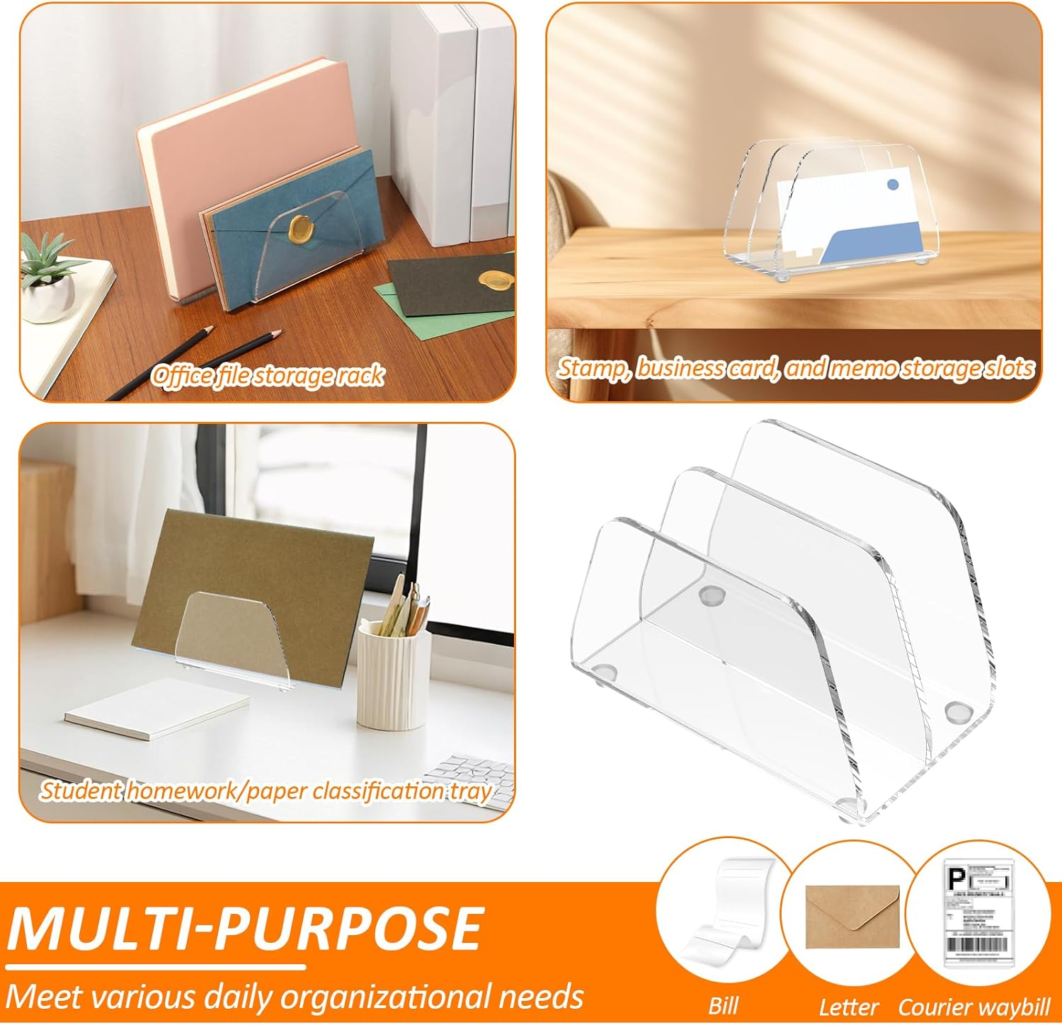 Pack of 2 Acrylic Letter Holder Desk with 2 Compartments, Transparent Post Sorting System Organiser, Multi-Purpose Letter Organiser, Clear Letter Stand for Office, Home, School, Desk Organisation