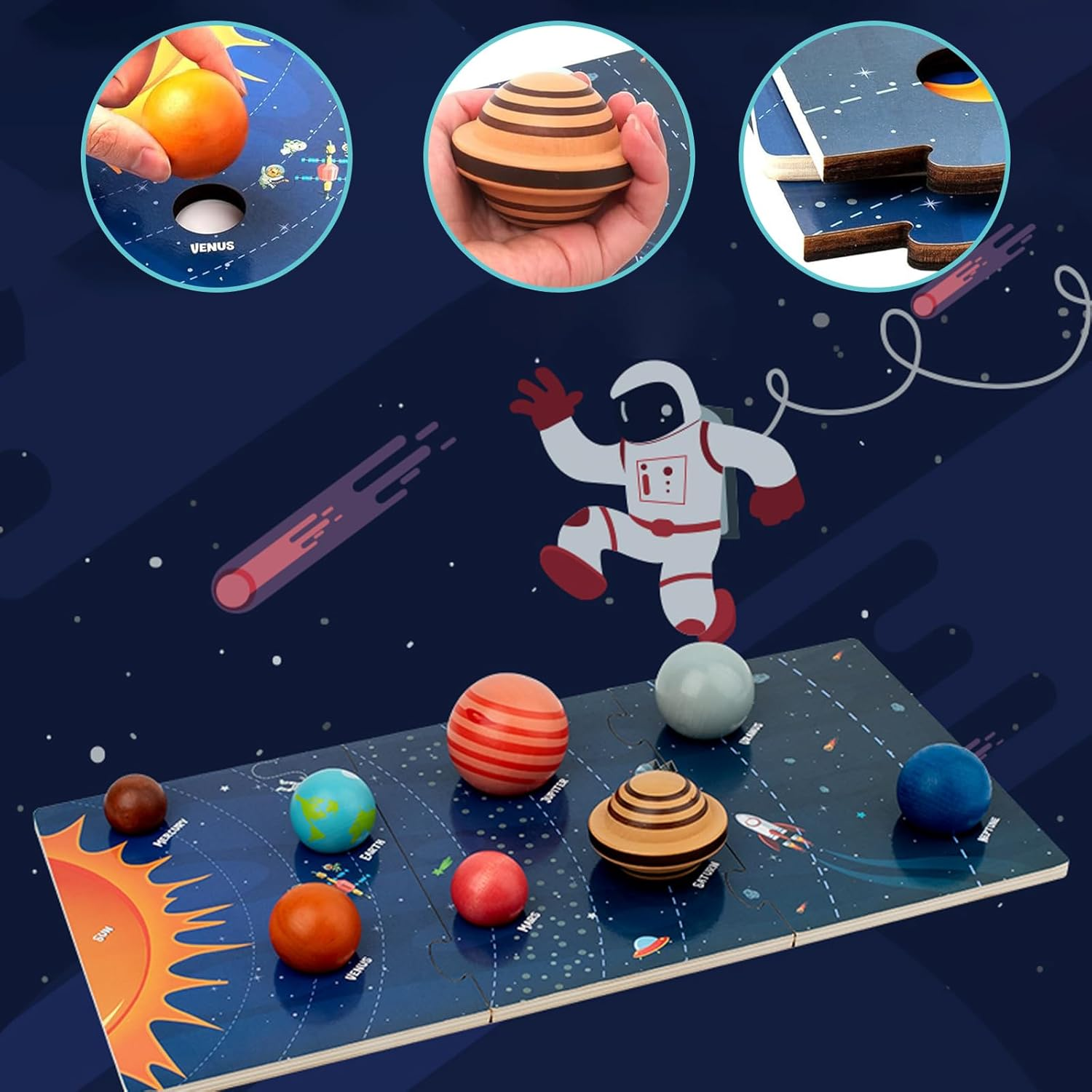 Planet Toys Montessori Wooden Solar System Model, Educational Toys for Kids 3-5, Preschool Learning Puzzle, Space Learning Toy, Planets for Kids (3D Planet)