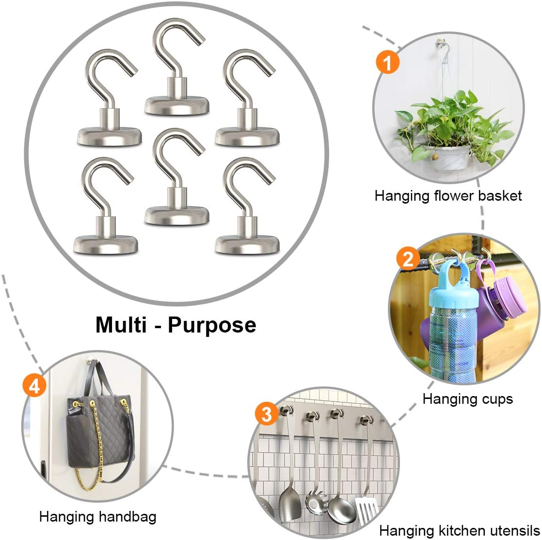 Magnetic Hooks Diamater 1.26 - Super Powerful 80 Lbs Heavy Duty Neodymium Rare Earth Strong Magnet Hook - Perfect for Indoor/Outdoor Hanging (Pack of 6)